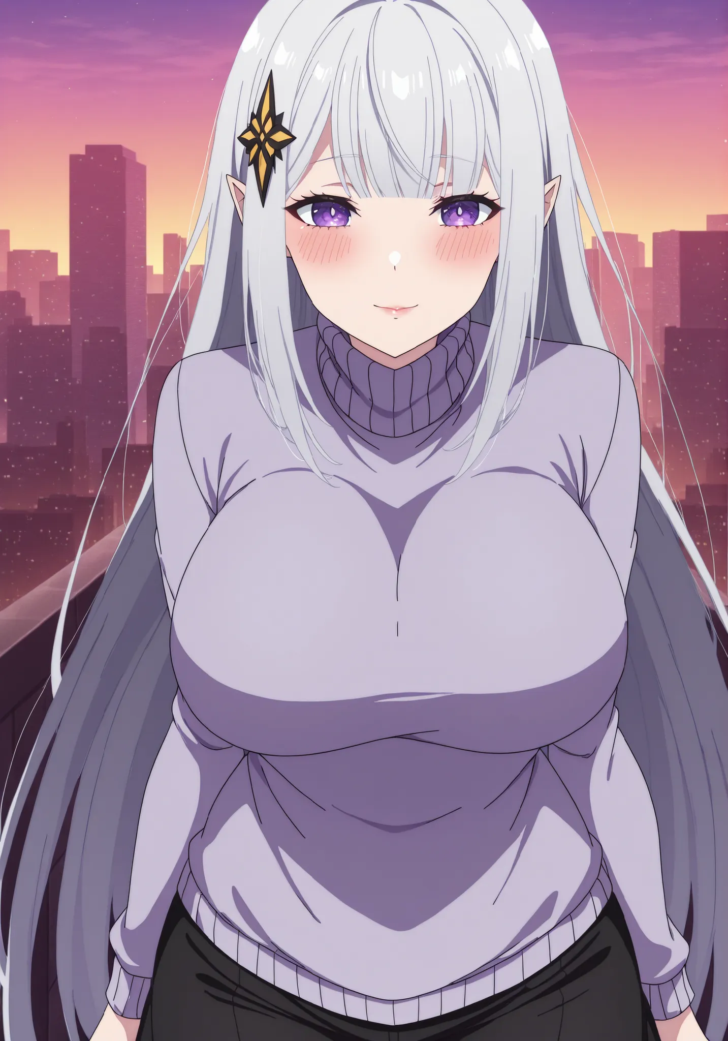 score_7_up, anime screencap, Solo, long dress, Satella, 1girl, Anime, 1girl, adult female, pointy ears, hair ornament, blush, silver hair, closed mouth, light smile, lips, purple eyes, Sexy, outdoors , front view detailed body, ( turtleneck sweater, black ...