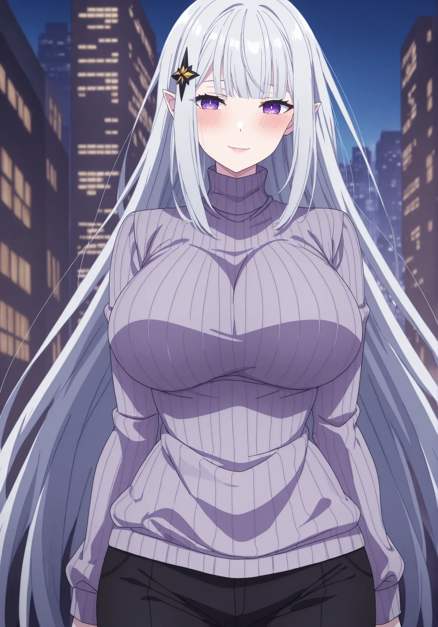 score_7_up, anime screencap, Solo, long dress, Satella, 1girl, Anime, 1girl, adult female, pointy ears, hair ornament, blush, silver hair, closed mouth, light smile, lips, purple eyes, Sexy, outdoors , front view detailed body, ( turtleneck sweater, black ...