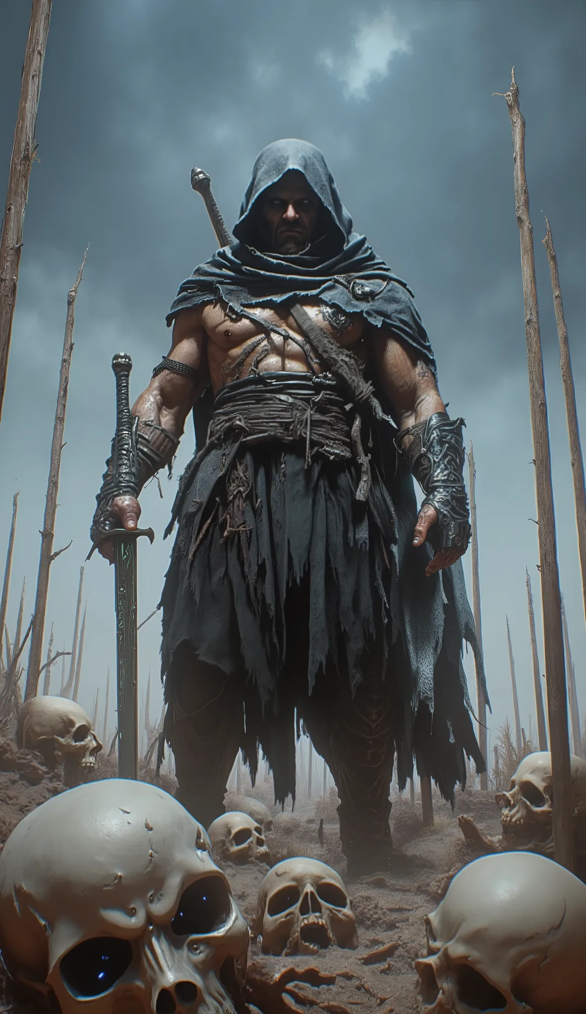 A kinetic cinematic eerie digital painting of a powerful dark fantasy warrior standing in a desert of ((skulls impaled on tall spears)), wearing a tattered black hooded cloak, muscular arm exposed, dark enchanted armor with intricate demonic engravings, ((...