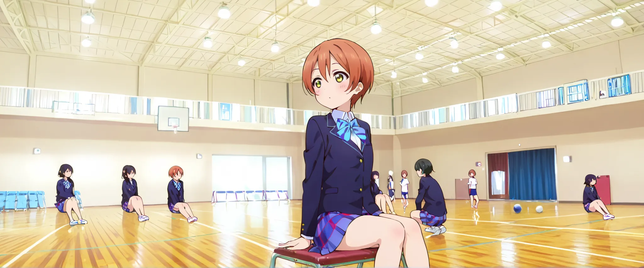 1girl,unwellness hoshizora rin, striped, short hair, blush, otonokizaka school uniform, lovelive_rin black blazer, blue plaid skirt, blue stripe bowtie, orange hair, very short hair, hair between eyes, yellow green eyes,sitting on the floor grasping one's ...