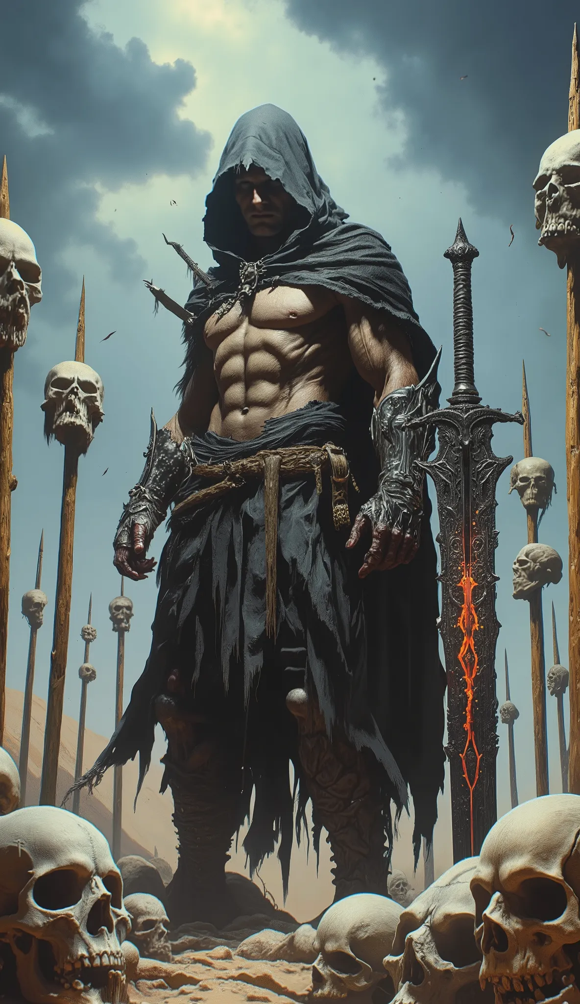 A kinetic cinematic eerie digital painting of a powerful dark fantasy warrior standing in a desert of ((skulls impaled on tall spears)), wearing a tattered black hooded cloak, muscular arm exposed, dark enchanted armor with intricate demonic engravings, ((...
