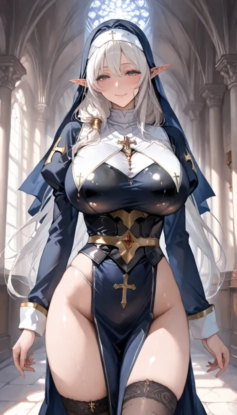 SOLO, A Female Dark Elf,Mature flavor, Perfect body,Huge Oppai,White long hair,Wearing A Black Nun Armor, In the classical Garden,Open Pose,Light smile,UHD, anatomically correct, masterpiece, textured skin, high details, highres, 1080P, 16k, accurate, Beau...