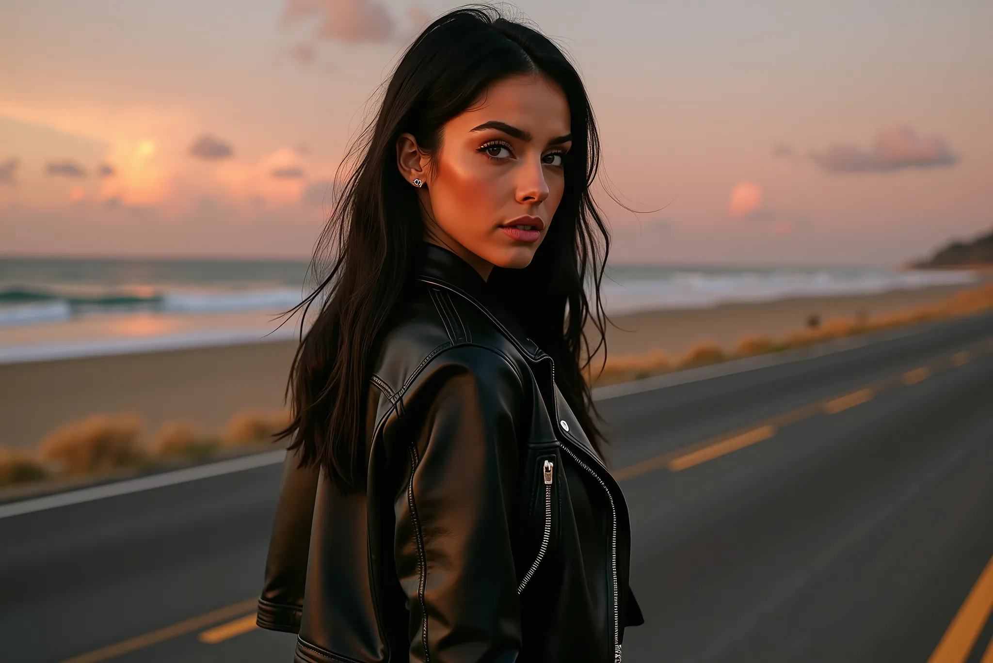Masterpiece, ultra-realistic, high-definition 8K, hyper-detailed, professional cinematic photography. A stunning young woman with symmetrical facial features, defined cheekbones, full lips, and intense dark eyes. Her sleek black hair flows naturally, sligh...