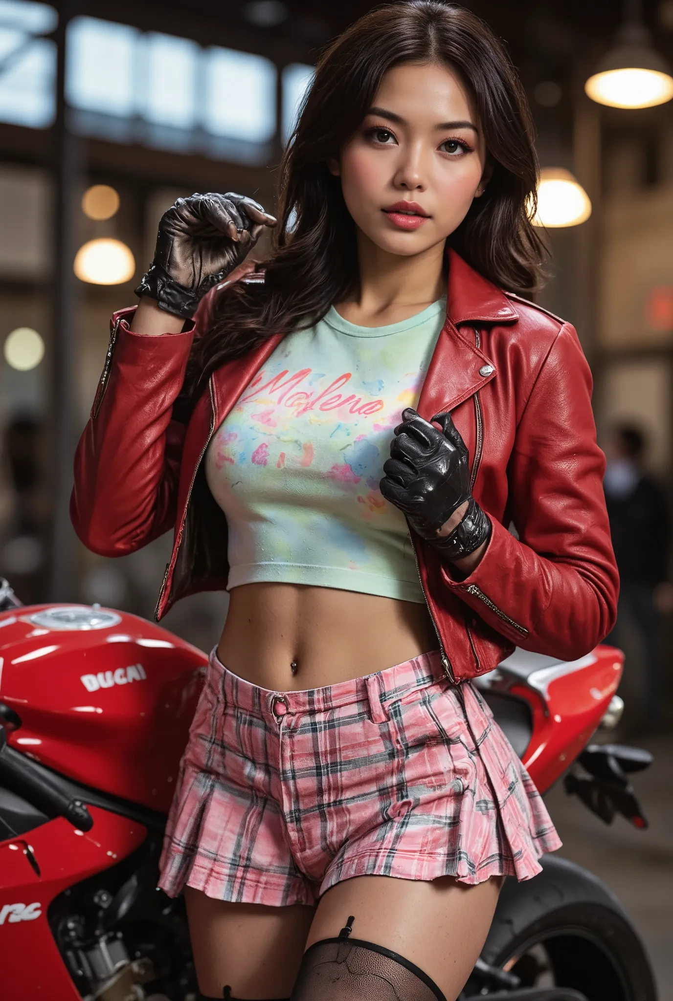 Potrait, keychain on palm, high quality realistic photo, asian soutcheast girl single, 25 years old, philippines, wearing a red leather jacket, pastel crop top with written name in the shirt is "Malena" written on wearing riding gloves, pink plaid miniskir...