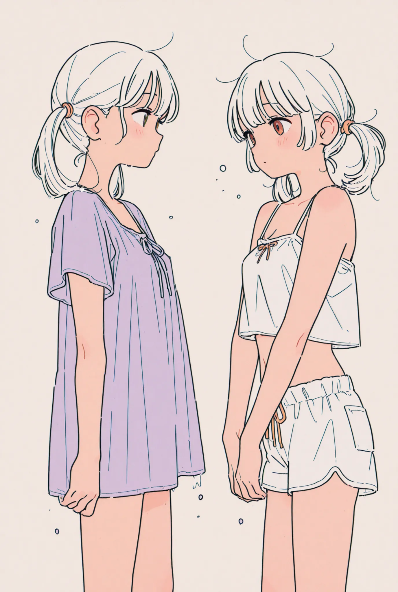 Character sheet of a confident anime girl with messy white pigtails, wearing a spaghetti strap crop top and home shorts. Her expression is playful and teasing. 
Her top is simple and fitted, showing her shoulders. Her home shorts are casual, comfy, and sli...