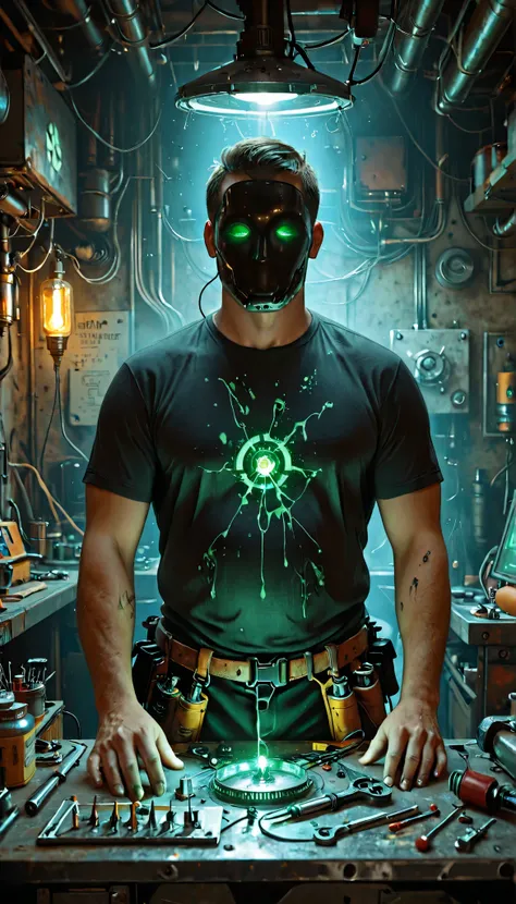Realistic CGI, vertical frame, mid-body shot of a slightly overweight man wearing a tight black geek T-shirt with a glowing pixel-art soldering iron design, filament stains on shirt, mini screwdriver hanging from tool belt, messy futuristic workshop backgr...