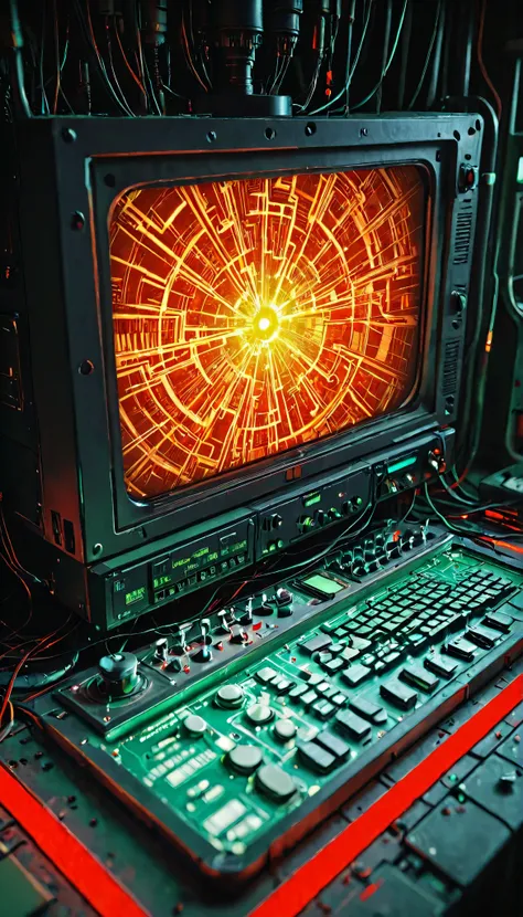 Realistic CGI, vertical format, close-up of a screen in a chaotic maker workshop showing red glitch text “ERROR: Código poseído”, glowing red edges, wires and electronic components scattered around, cinematic reflections, no characters

