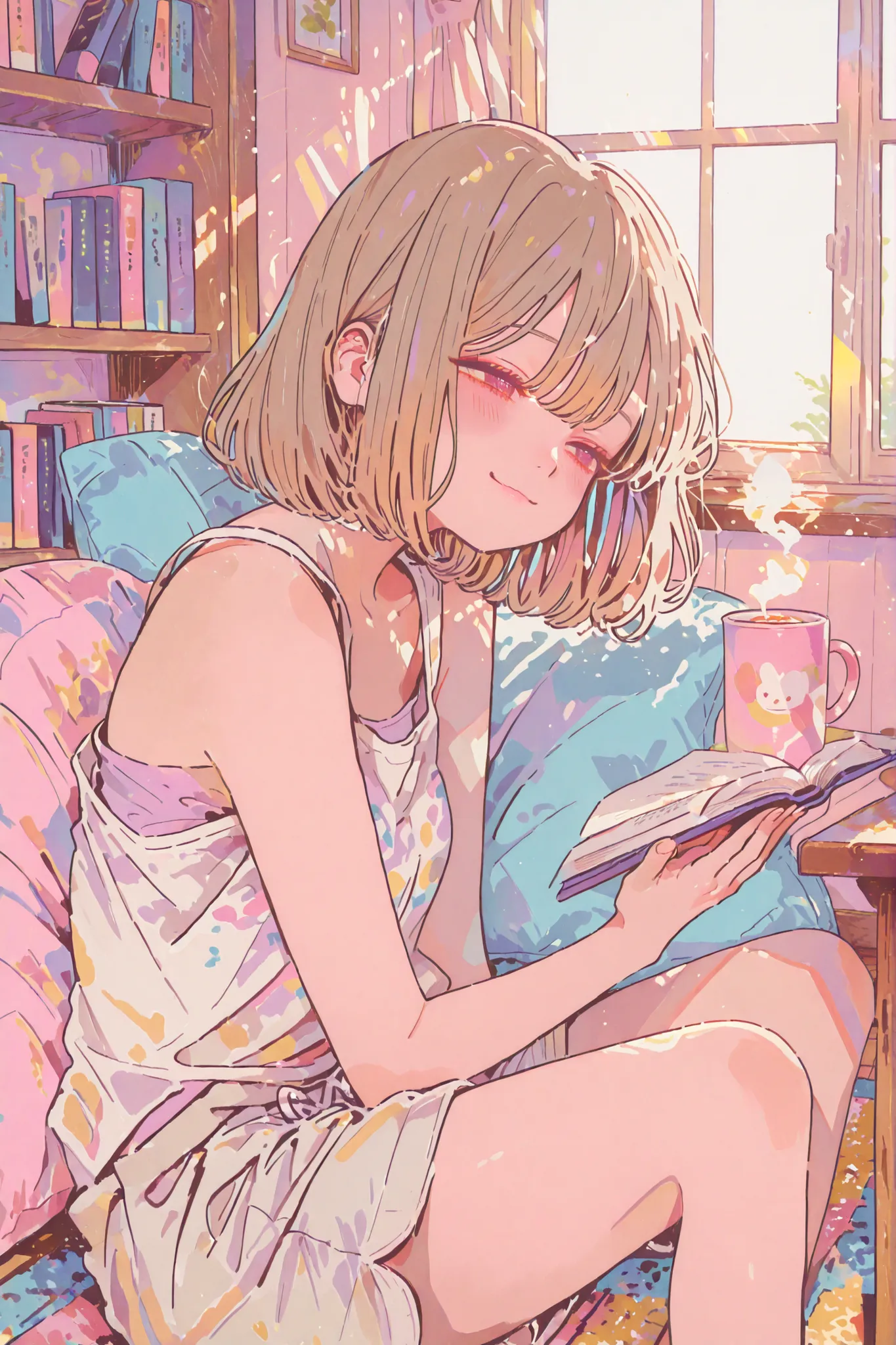 A cute anime-style girl inspired by 'Cella Baca Buku'. She has long, wavy light brown hair, soft expressive eyes, and a warm, relaxed smile. She wears casual home clothes: a snug-fitting tank top and soft cotton shorts or loose lounge pants that highlight ...