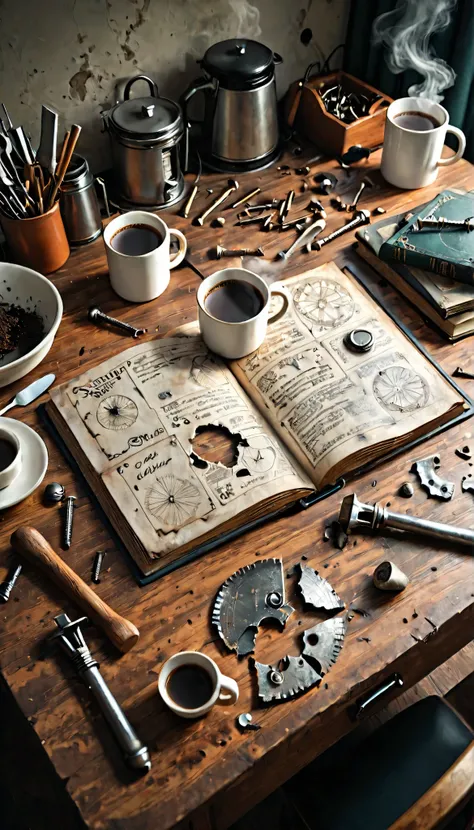 Vertical CGI render, top view of a messy worktable with spilled coffee mug, broken 3D printed parts, scattered screws and bits of filament, burned instruction manual, soft smoke rising, detailed cinematic texture
