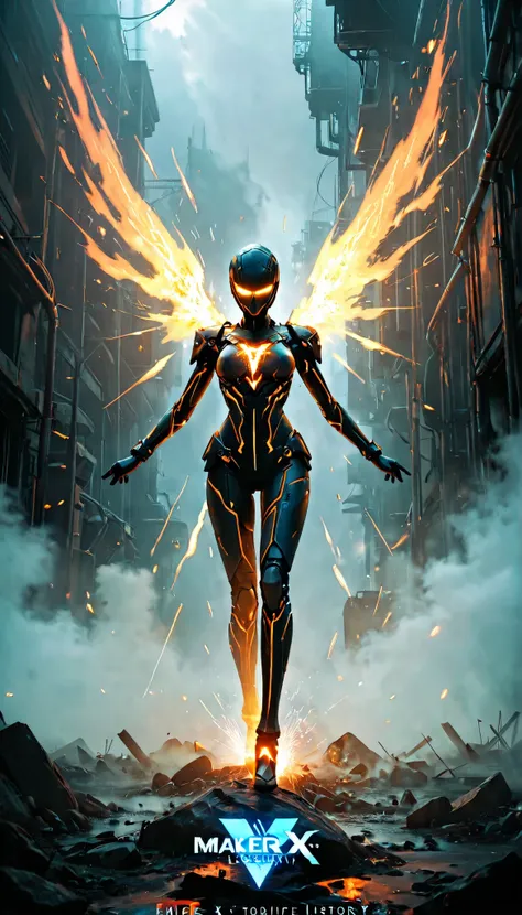 Vertical cinematic CGI, glowing metallic logo “Maker X History” emerging from thick fog, surrounded by flying sparks and bits of glowing filament, dramatic studio lighting, epic futuristic tone, no characters visible
