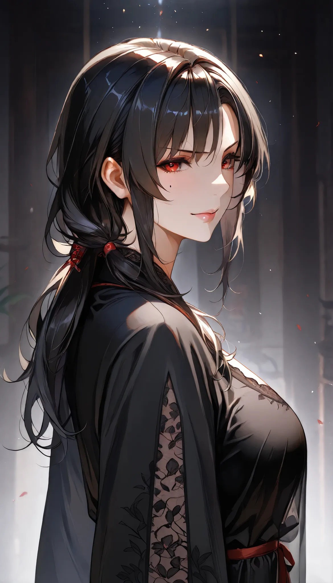 SOLO, A Female,Mature flavor,Serious,frown, Perfect body,Chinese Black long hair, Wearing A Black Chinese Robe(Hanfu type), In the Chinese classical Garden,Open Pose,Light smile,UHD, anatomically correct, masterpiece, textured skin, high details, highres, ...