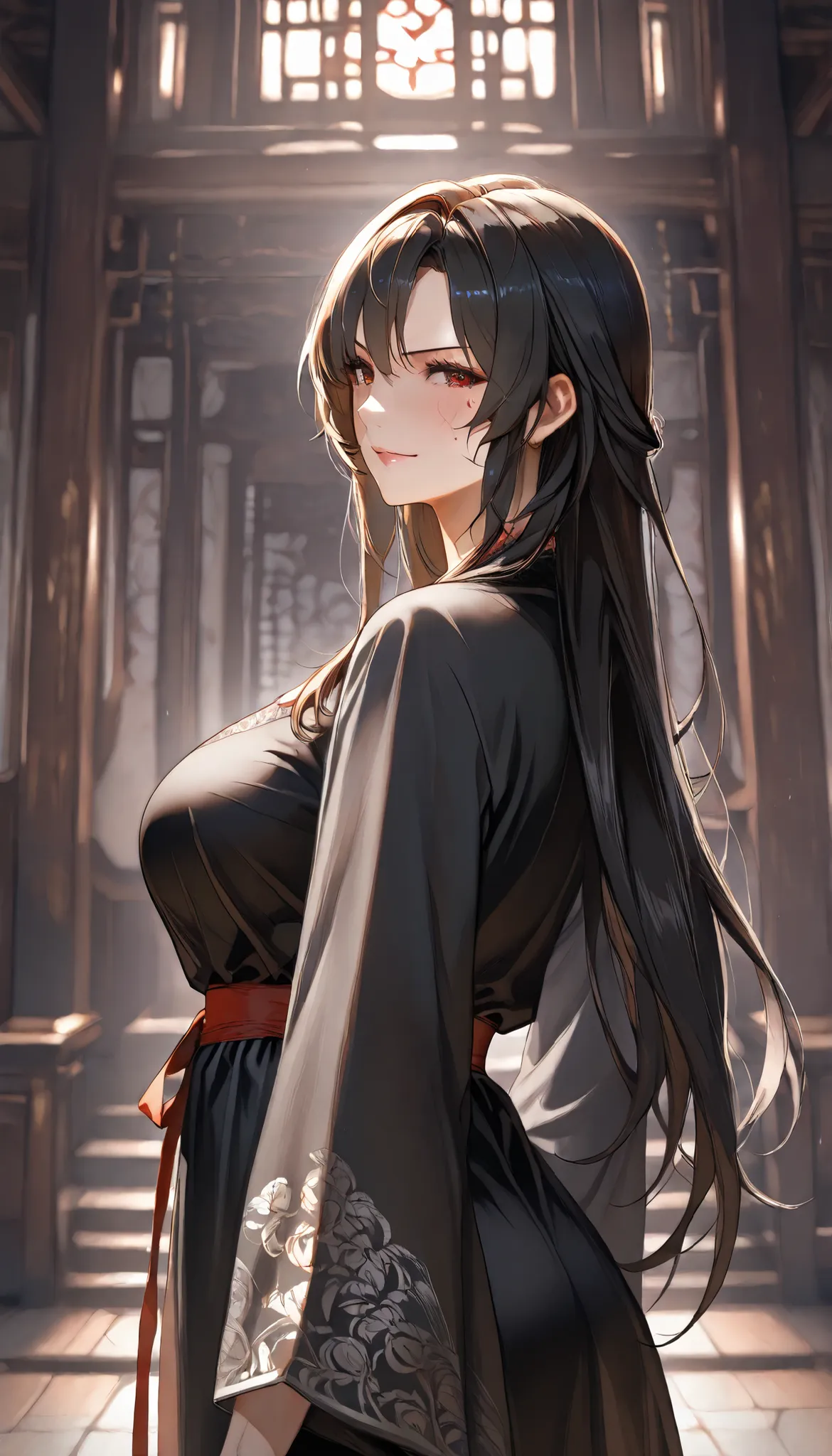 SOLO, A Female,Mature flavor,Serious,frown, Perfect body,Chinese Black long hair, Wearing A Black Chinese Robe(Hanfu type), In the Chinese classical Garden,Open Pose,Light smile,UHD, anatomically correct, masterpiece, textured skin, high details, highres, ...