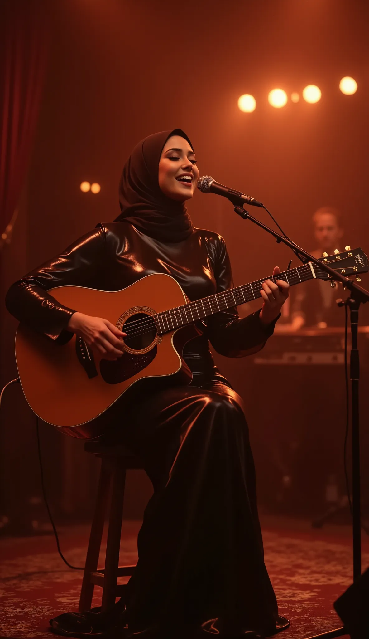 A beautiful woman with large breasts, singing while playing an acoustic guitar. She is wearing a sleek, form-fitting, glossy gown (gamis) and a stylish hijab. The shiny fabric reflects the warm stage lights, highlighting the elegant flow of the dress. She ...