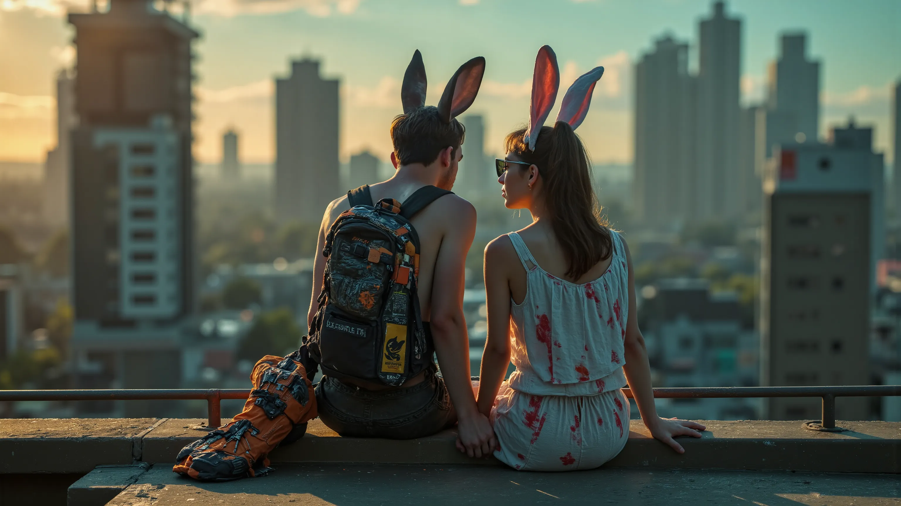A cyberpunk rabbit-boy contemplating the city life with his rabbit-girl girlfriend, at the top of a building from a sci-fi city, at Dusk, in a Kinetic Sand Temporal Flux style, where the passage of time is captured in the fluidity of sculpted sand. Fleetin...