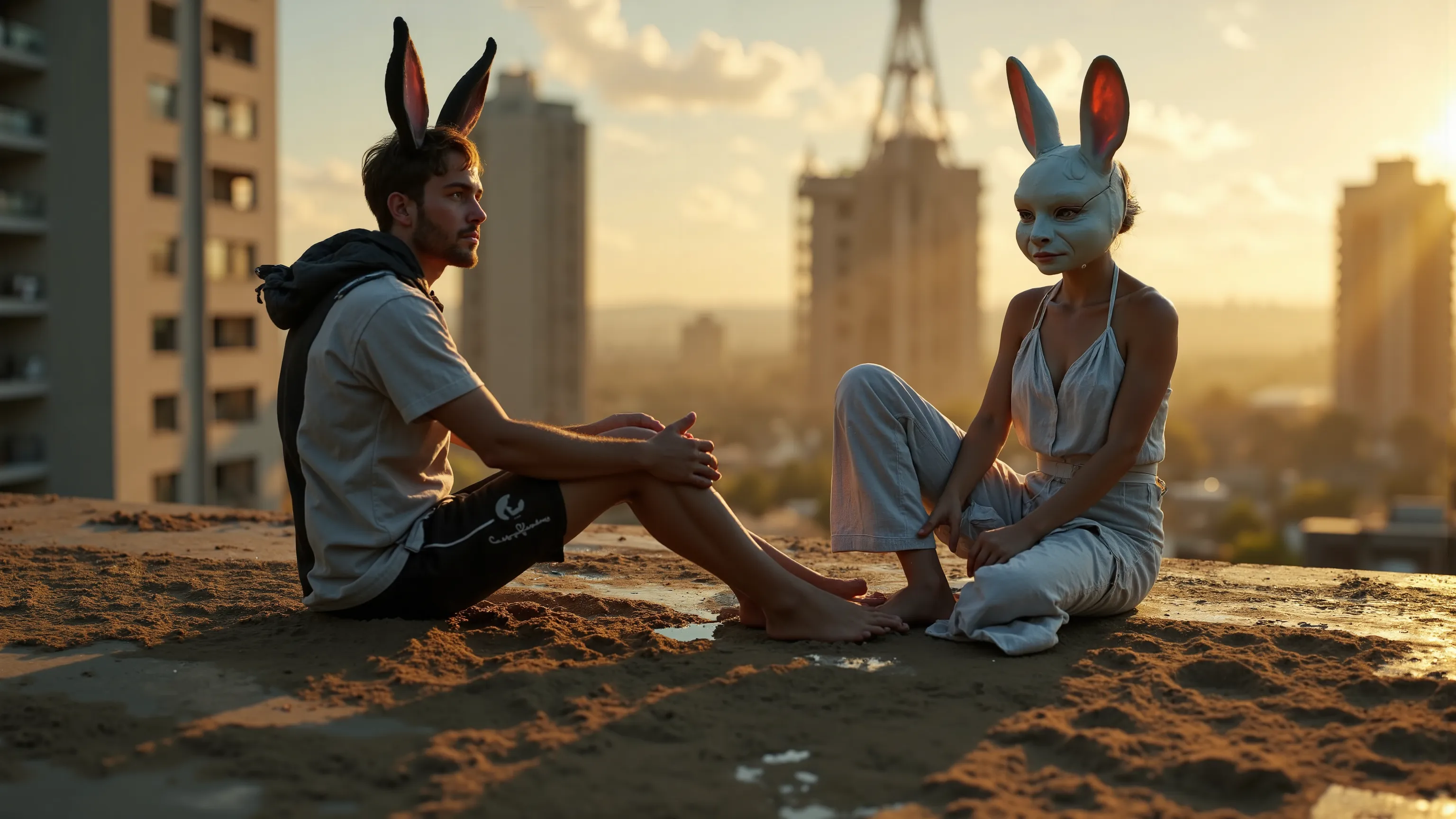 A cyberpunk rabbit-boy contemplating the city life with his rabbit-girl girlfriend, at the top of a building from a sci-fi city, at Dusk, in a Kinetic Sand Temporal Flux style, where the passage of time is captured in the fluidity of sculpted sand. Fleetin...