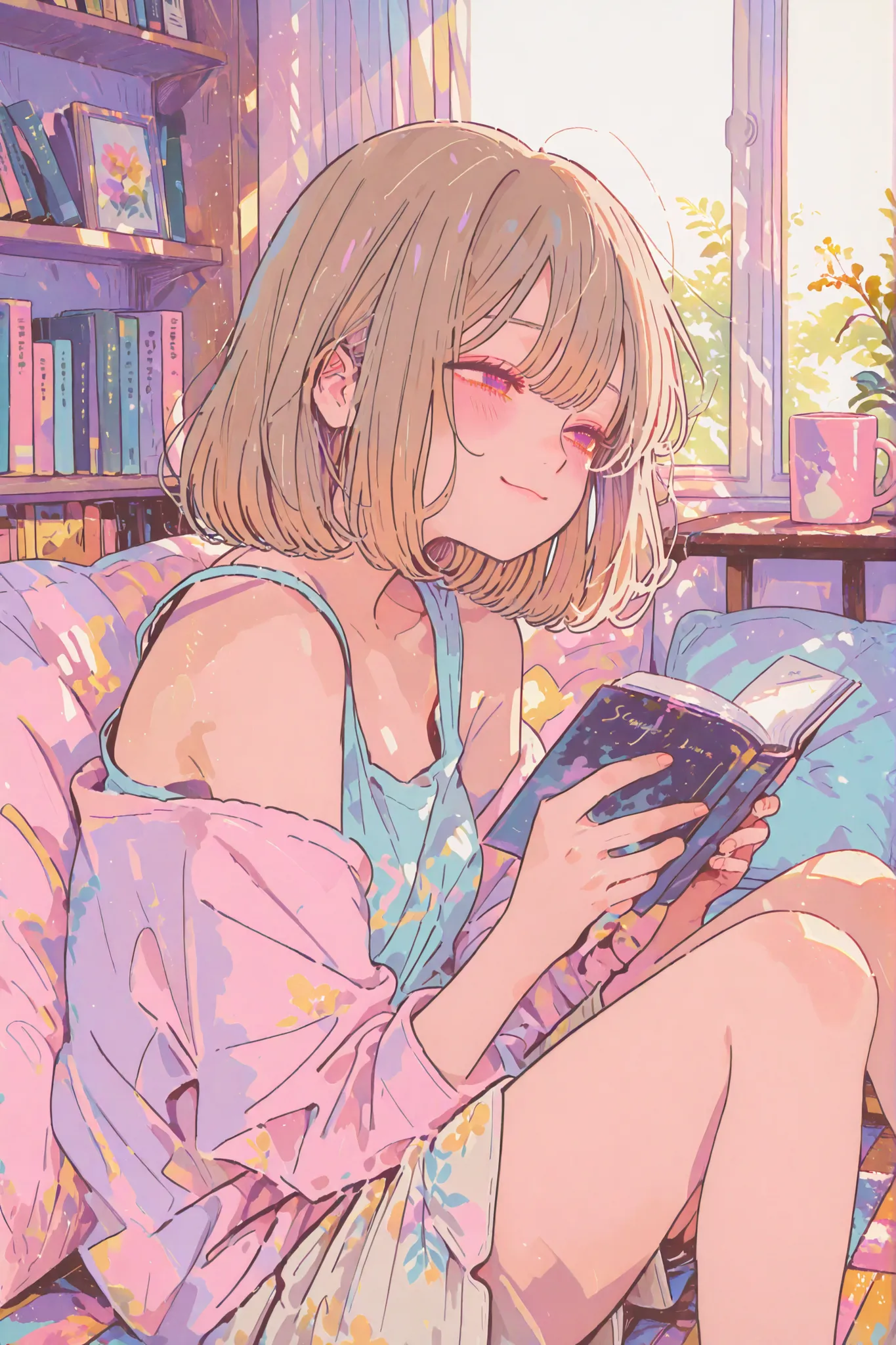 A cute anime-style girl inspired by 'Cella Baca Buku'. She has long, wavy light brown hair, soft expressive eyes, and a warm, relaxed smile. She wears casual home clothes: a snug-fitting tank top and soft cotton shorts or loose lounge pants that highlight ...