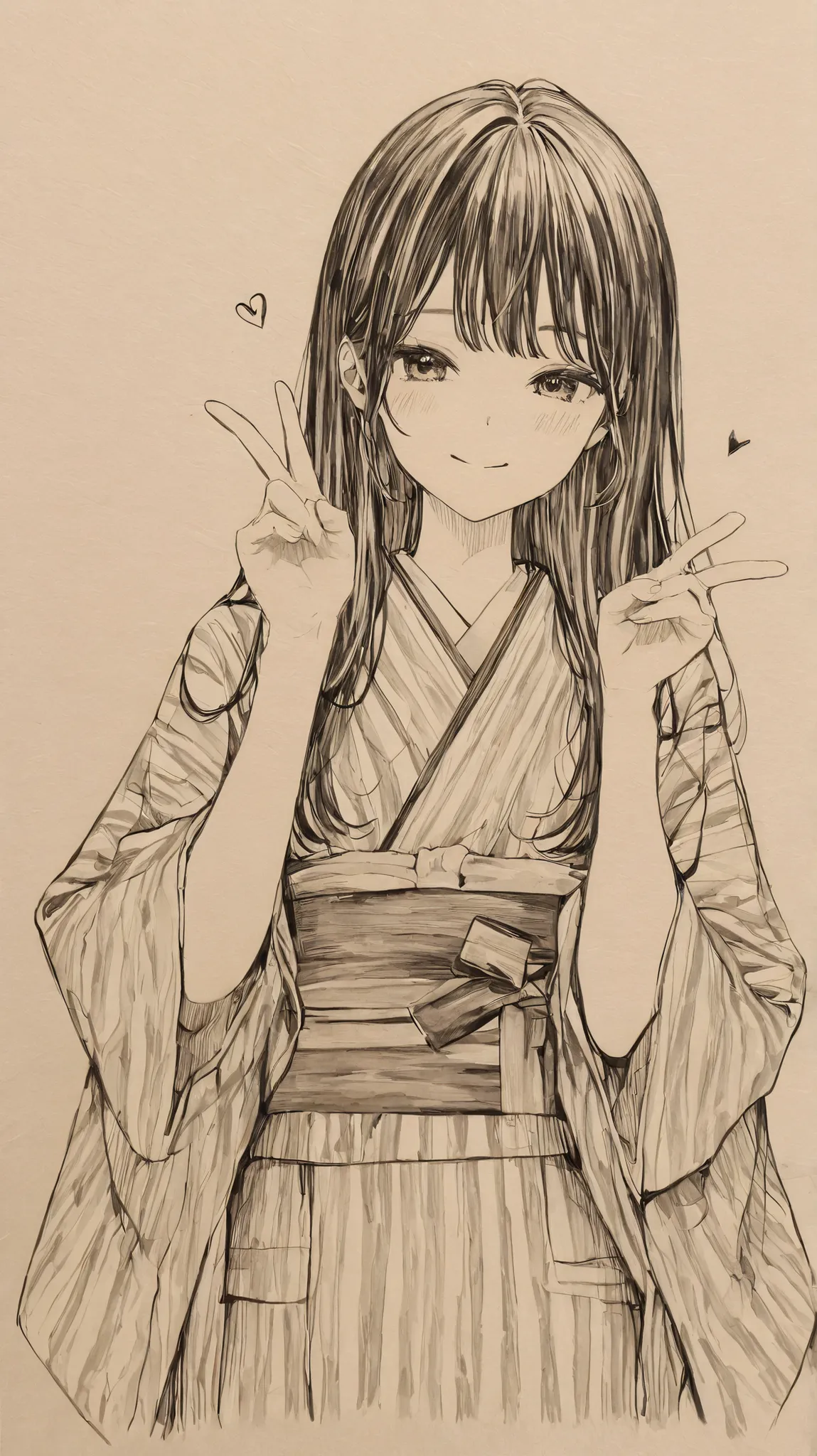 High Definition、Delicate Details、4K image quality、simple background、Kimono、Smiling、peace sign