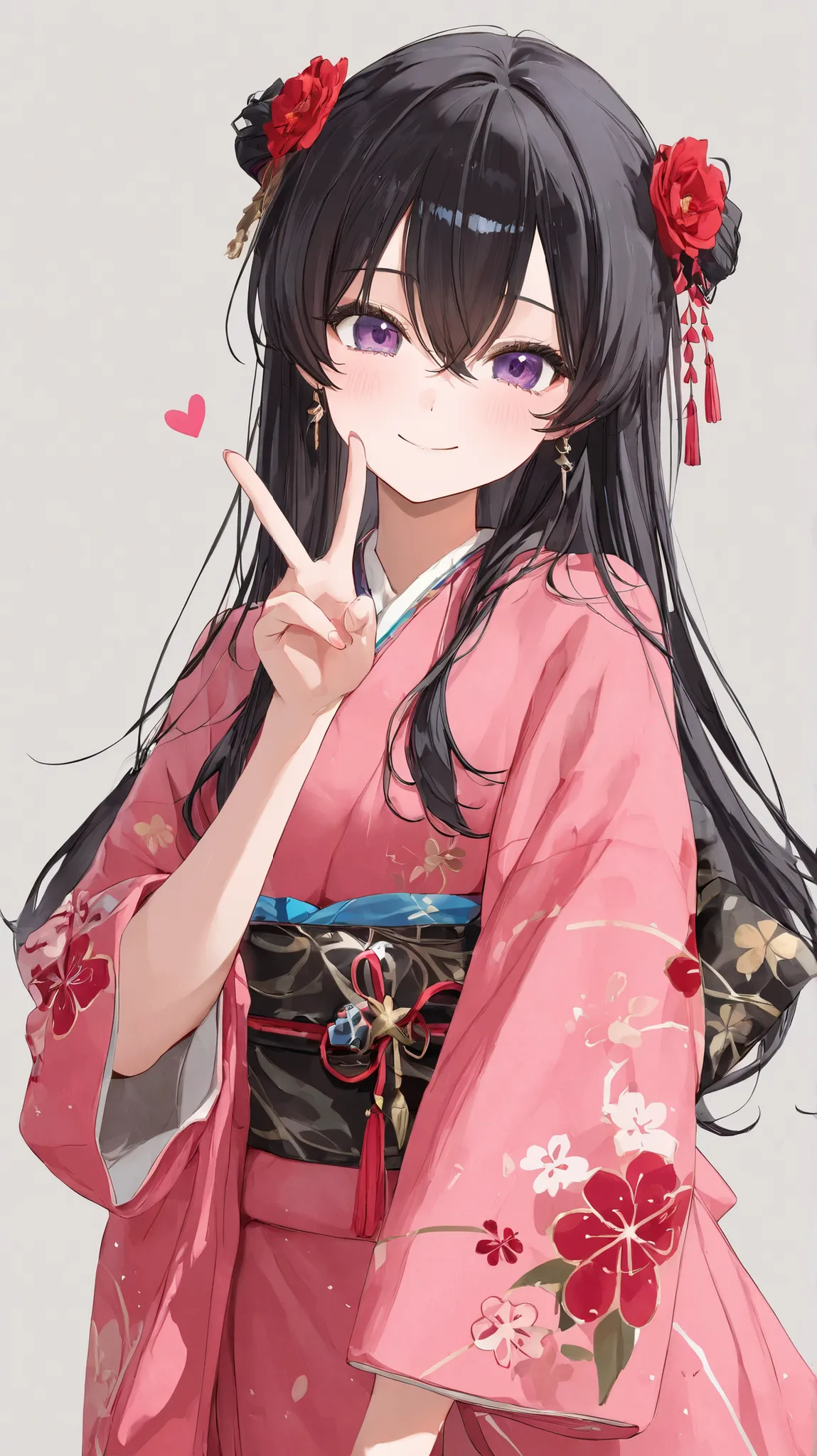 High Definition、Delicate Details、4K image quality、simple background、Kimono、Smiling、peace sign