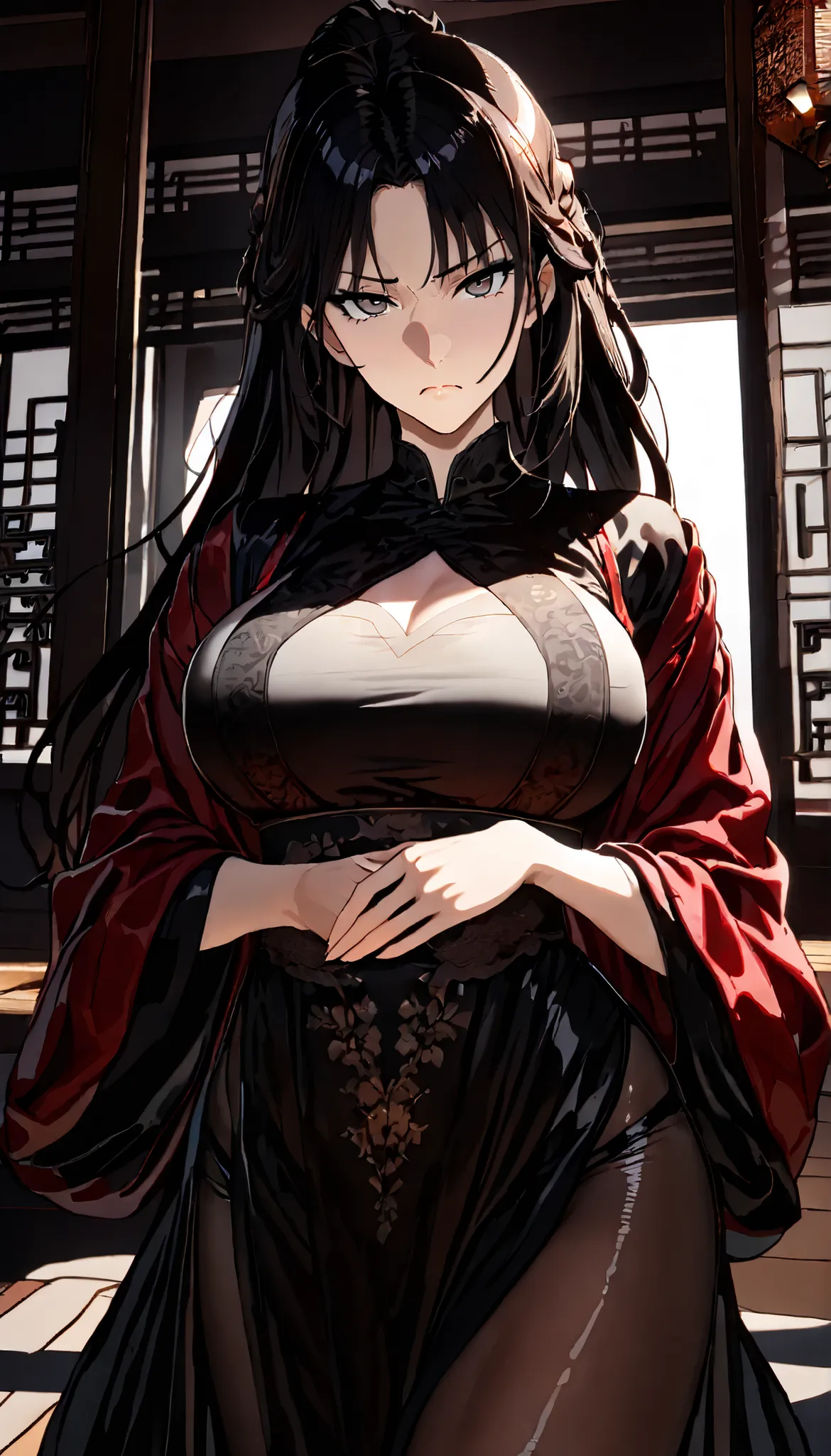 UHD, (A female with Black long hair),serious,Frown,shiny skin,perfect body,Black Tighs, in a Chinese Classic room,Open Pose, wearing a Black Cheongsam(Hanfu type),Black pantyhose, ultra-detailed, masterpiece, best quality, solo, upper focus, chiaroscuro,at...