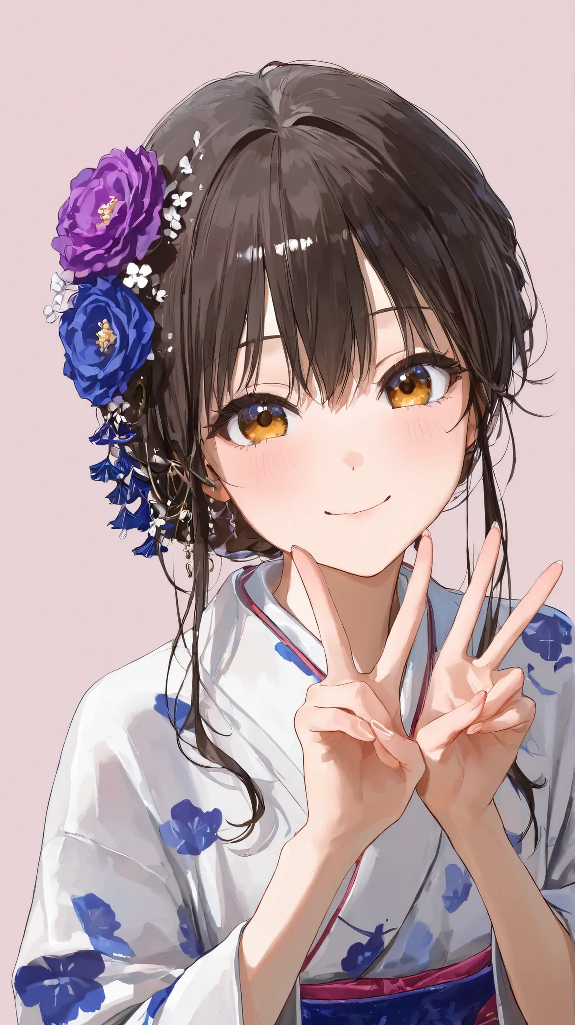 High Definition、Delicate Details、4K image quality、simple background、Kimono、Smiling、peace sign