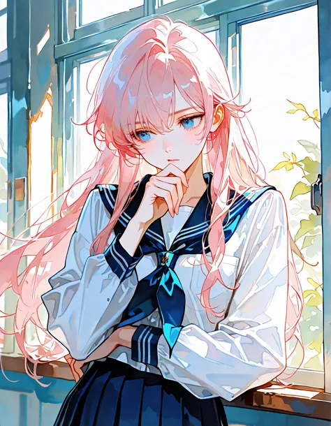 (((girl))), Cowboy Shooter,School uniform ,1 female,((Solo)), Pink hair,Blue Eyes,Long hair, watercolor, masterpiece, Thinking by the Window, 【8k, Beautiful Appearance ,Detailed Eyes