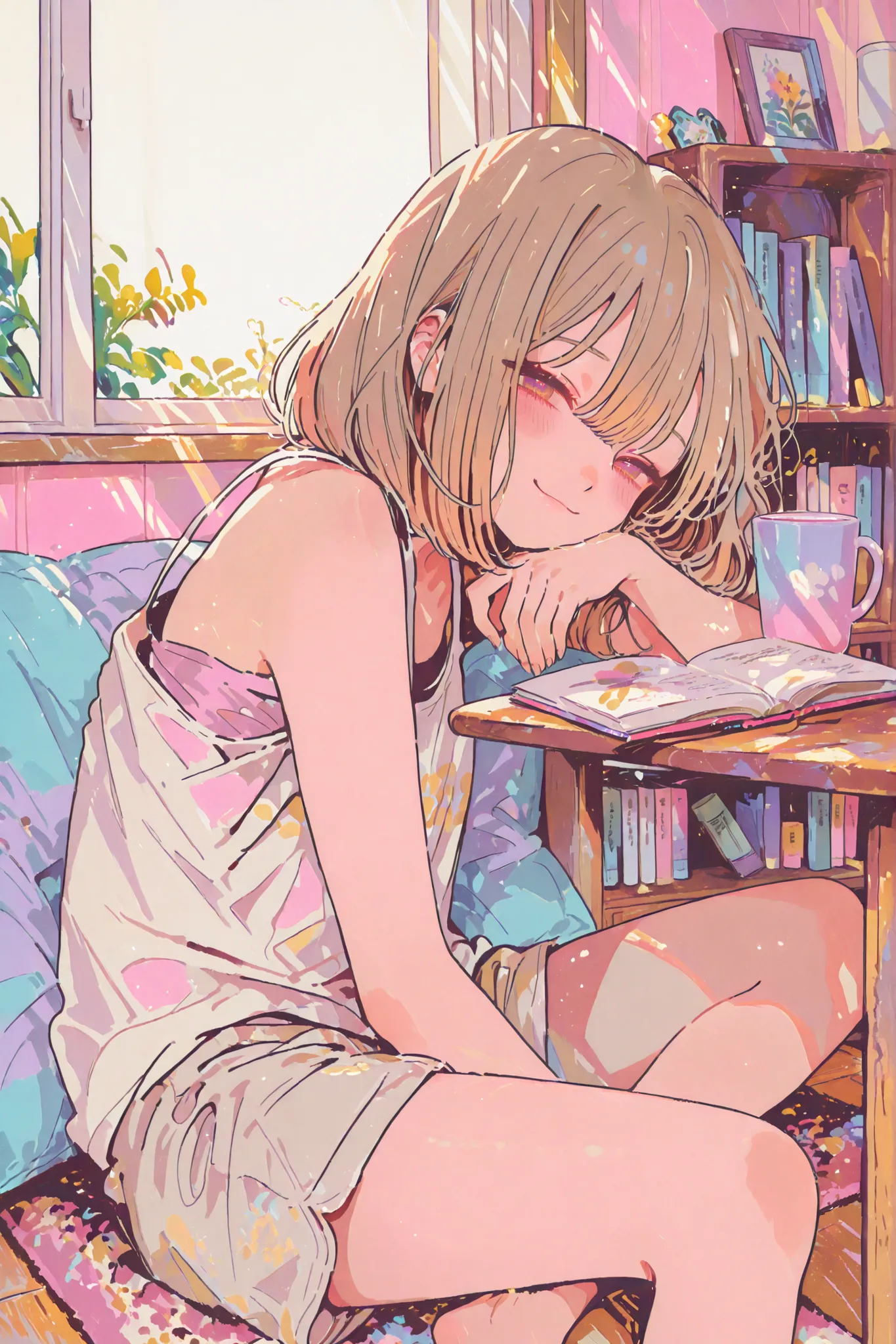A cute anime-style girl inspired by 'Cella Baca Buku' looking at viewer. She has long, wavy light brown hair, soft expressive eyes, and a warm, relaxed smile. She wears casual home clothes: a snug-fitting tank top and soft cotton shorts or loose lounge pan...