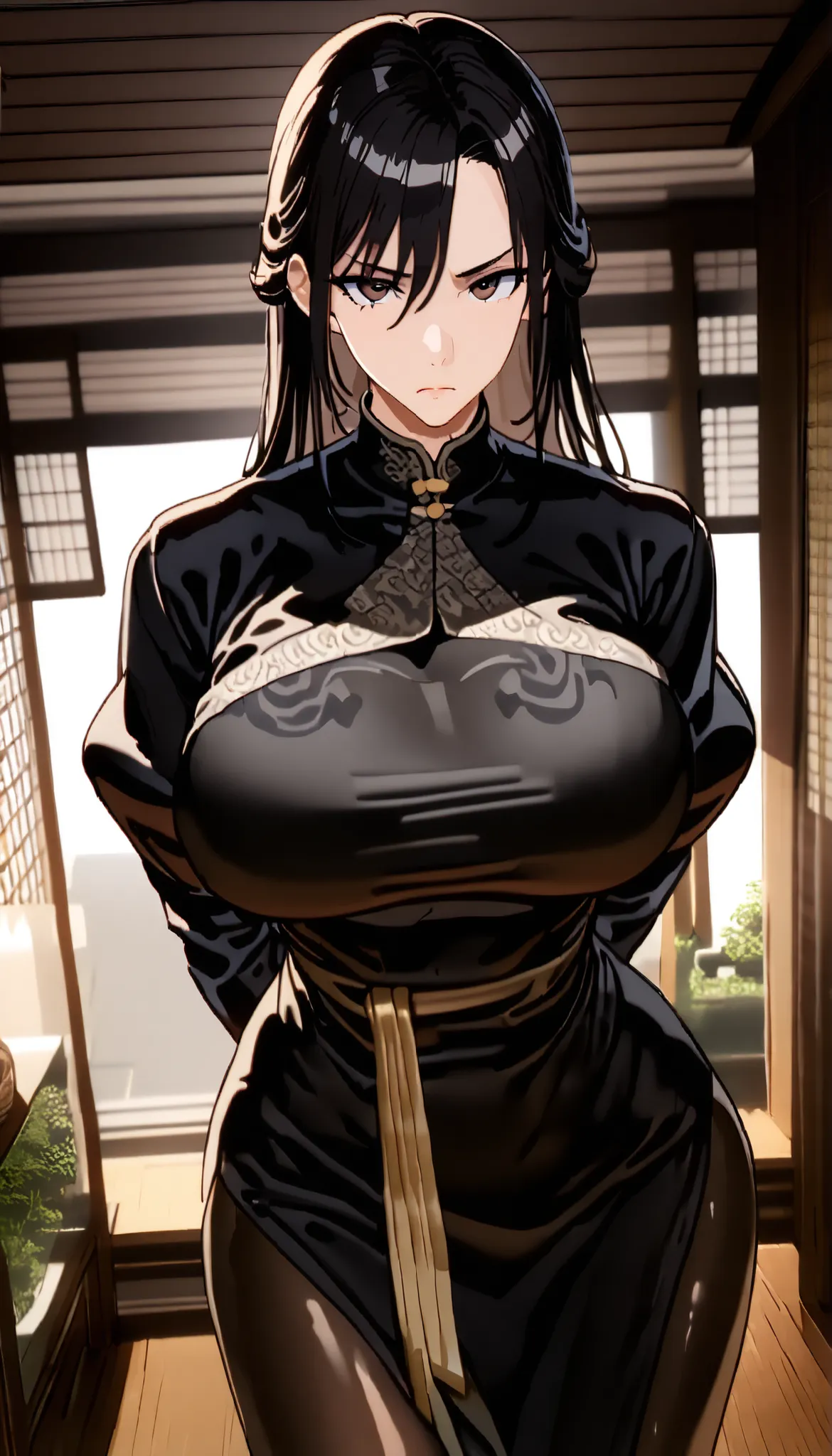 UHD, (A female with Black long hair),serious,Frown,shiny skin,perfect body,Black Tighs, in a Chinese Classic room,Arms behind back, wearing a Black Cheongsam(Hanfu type),Black pantyhose, ultra-detailed, masterpiece, best quality, solo, upper focus, chiaros...