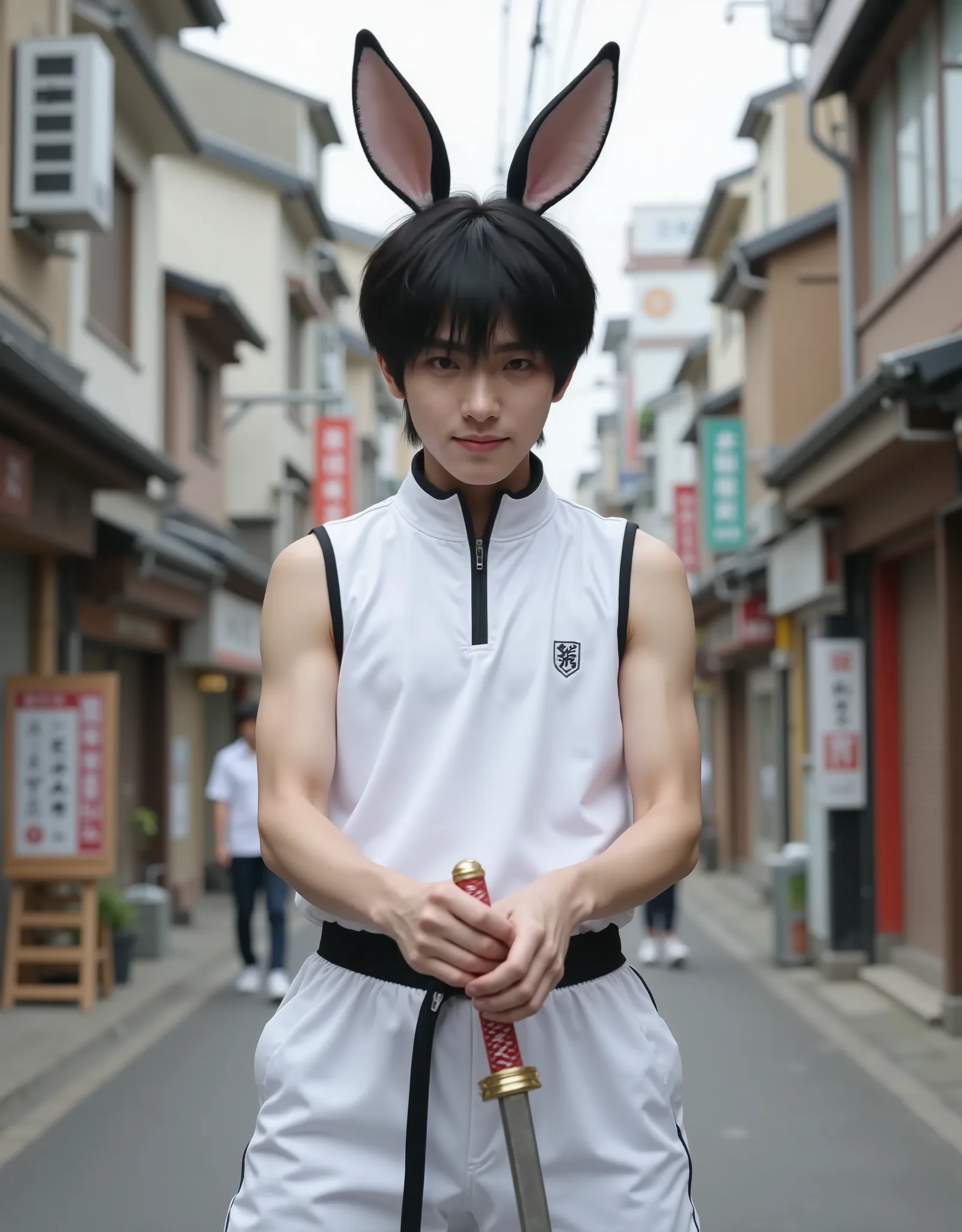 1 boy, masterpiece, Realistic, best quality, Ultra High Resolution, absurd, Japanese boy, young, Very Handsome, perfect face, Black Short Hair, Hairstyle , Shiny Hair , Bangs, Rabbit ears, white sleeveless tracksuit, black belt, Pale Skin, Slim body and ...