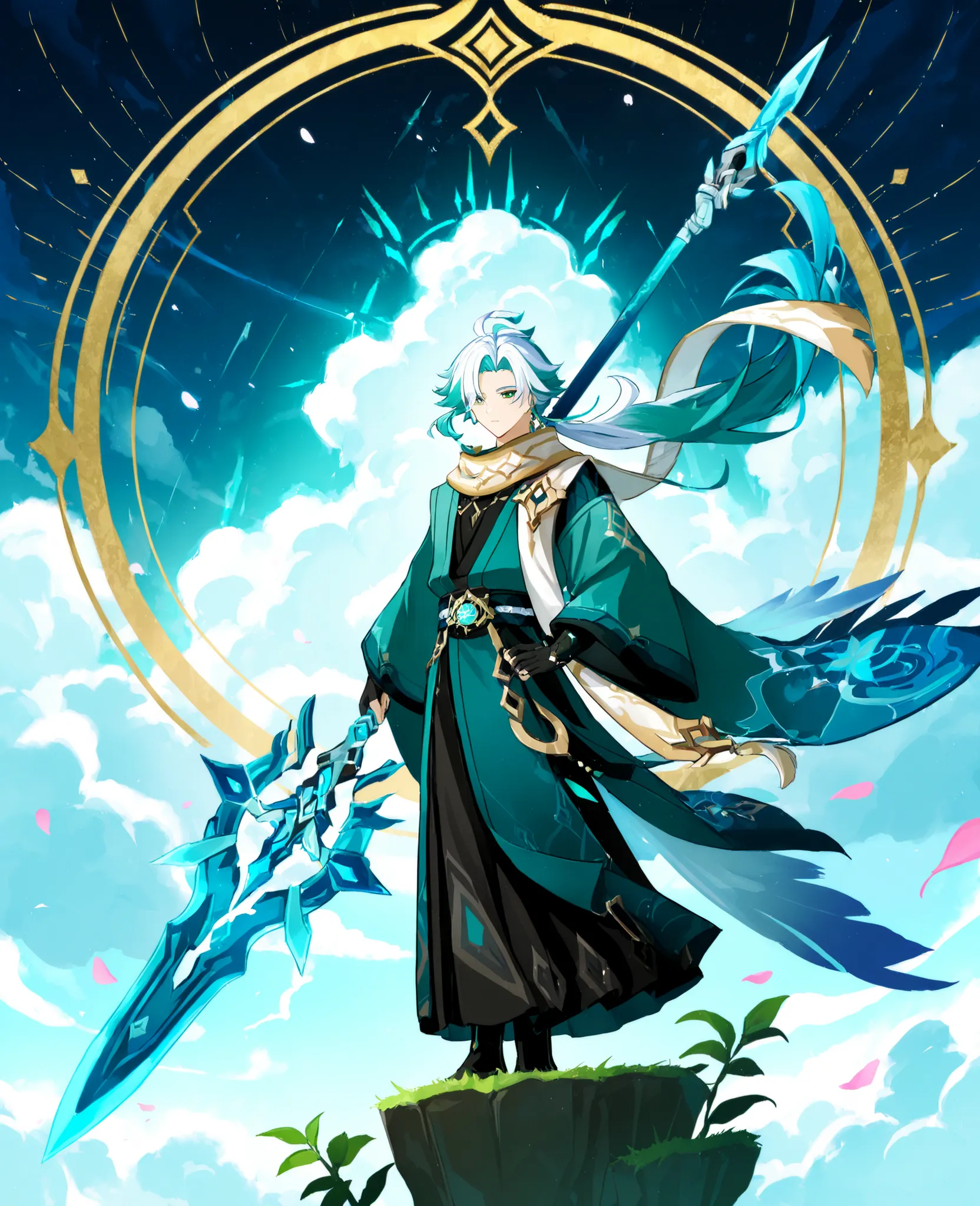 A tall, graceful anime male character with long, multi-colored hair flowing in the wind—primarily silver with soft gradients of teal, lilac, and icy blue streaks. His hair is tied into a loose half-ponytail, with layered, feathered ends that shimmer like l...