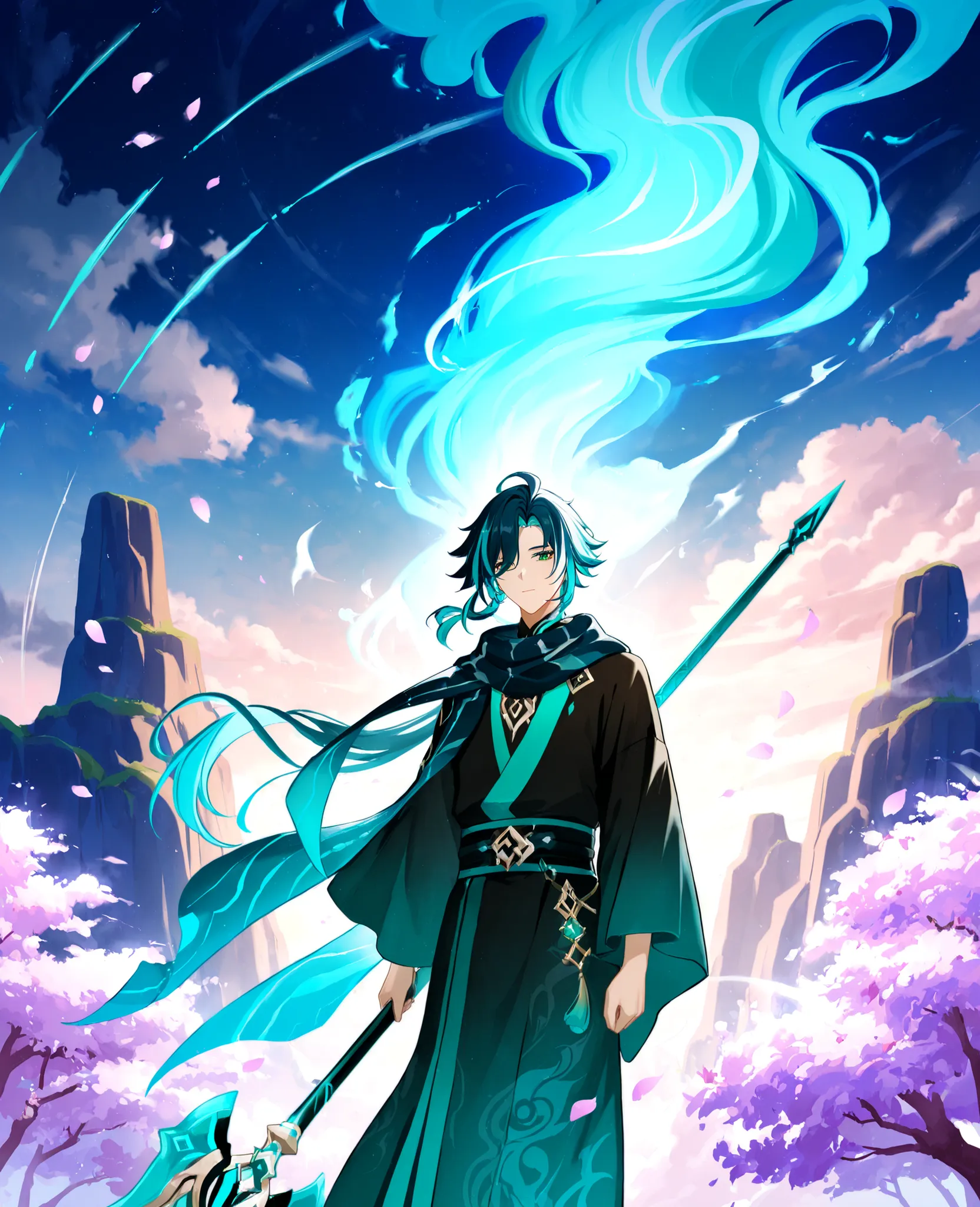 A tall, graceful anime male character with long, multi-colored hair flowing in the wind—primarily silver with soft gradients of teal, lilac, and icy blue streaks. His hair is tied into a loose half-ponytail, with layered, feathered ends that shimmer like l...