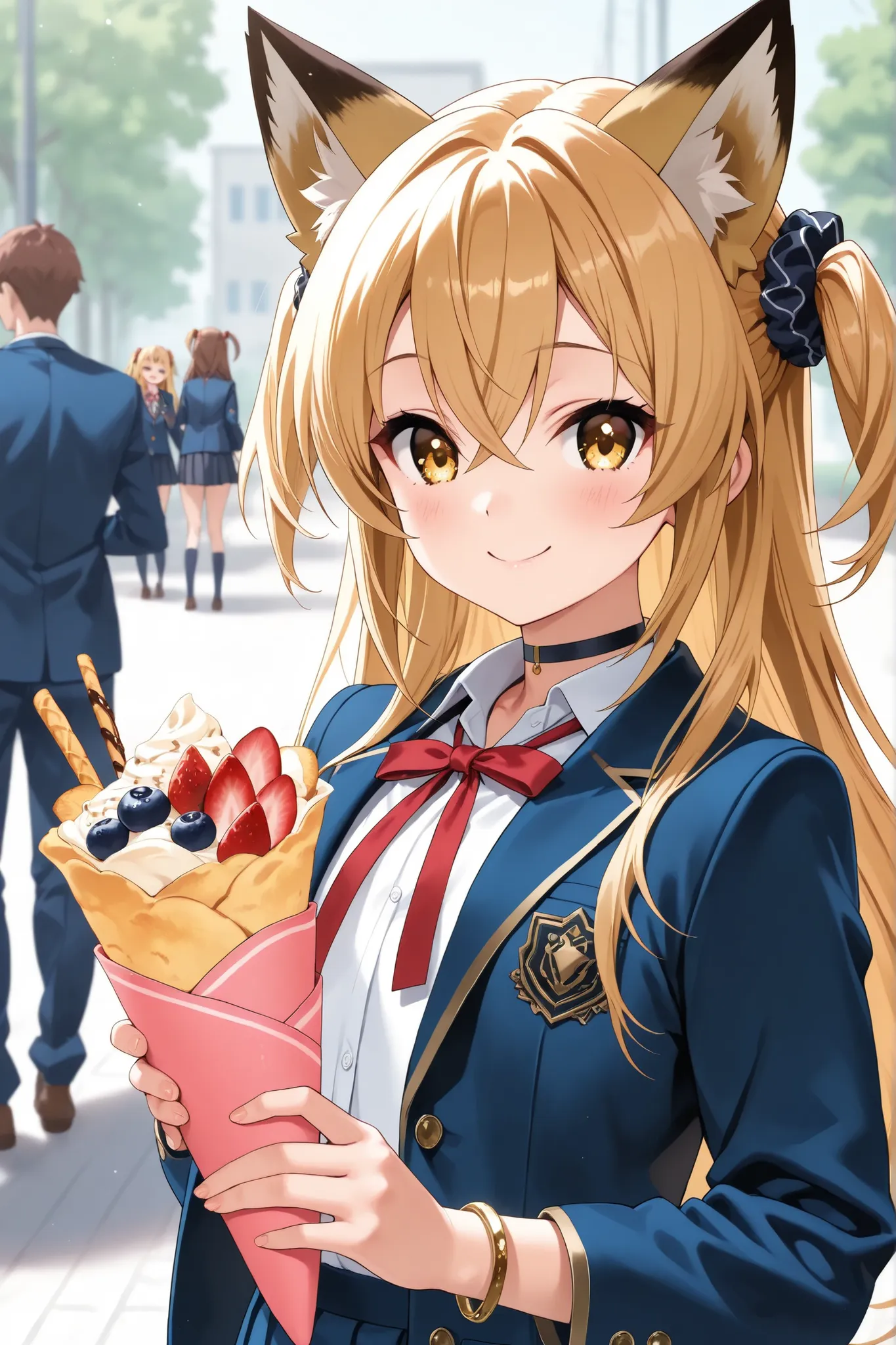 ultra-detailed,8K,illustration,CG,1 cute girl, (gold fox ears), (gold hair), long hair, crossed bangs, (two side up), gold eyes, hair scrunchie, choker, bracelet, flat chest, ribbon on chest, smiles, ,red ribbon,
,school uniform, jacket/blazer,crepe,happy...
