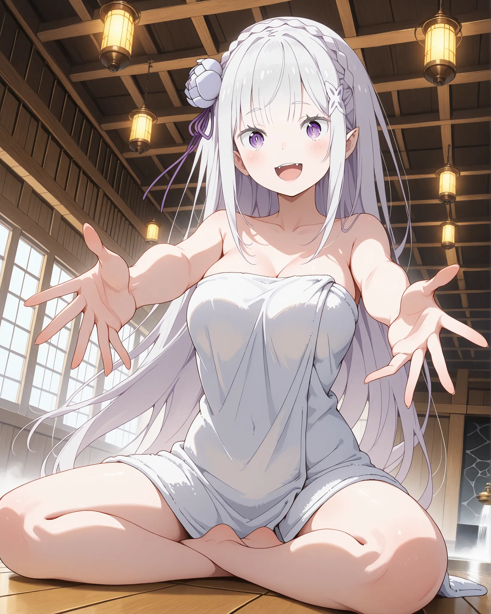  masterpiece, excellent quality, en iyi kalite, extremely glamorous, ridiculous results, high resolution, en yeni,  Inside,  1girl, Re:Zero'dan emilia, sits in a pose by the bathhouse, sits in the foreground and shows her sexy poses to the audience,  excit...