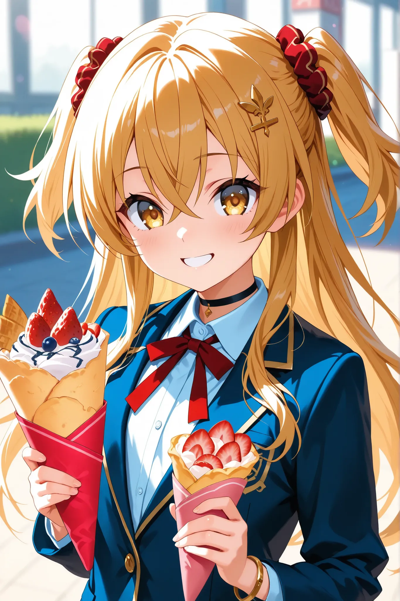 ultra-detailed,8K,illustration,CG,1 cute girl, (gold hair), long hair, crossed bangs, (two side up), gold eyes, hair scrunchie, choker, bracelet, flat chest, ribbon on chest, smiles, red ribbon on hair,
,school uniform, jacket/blazer,crepe,happy smile