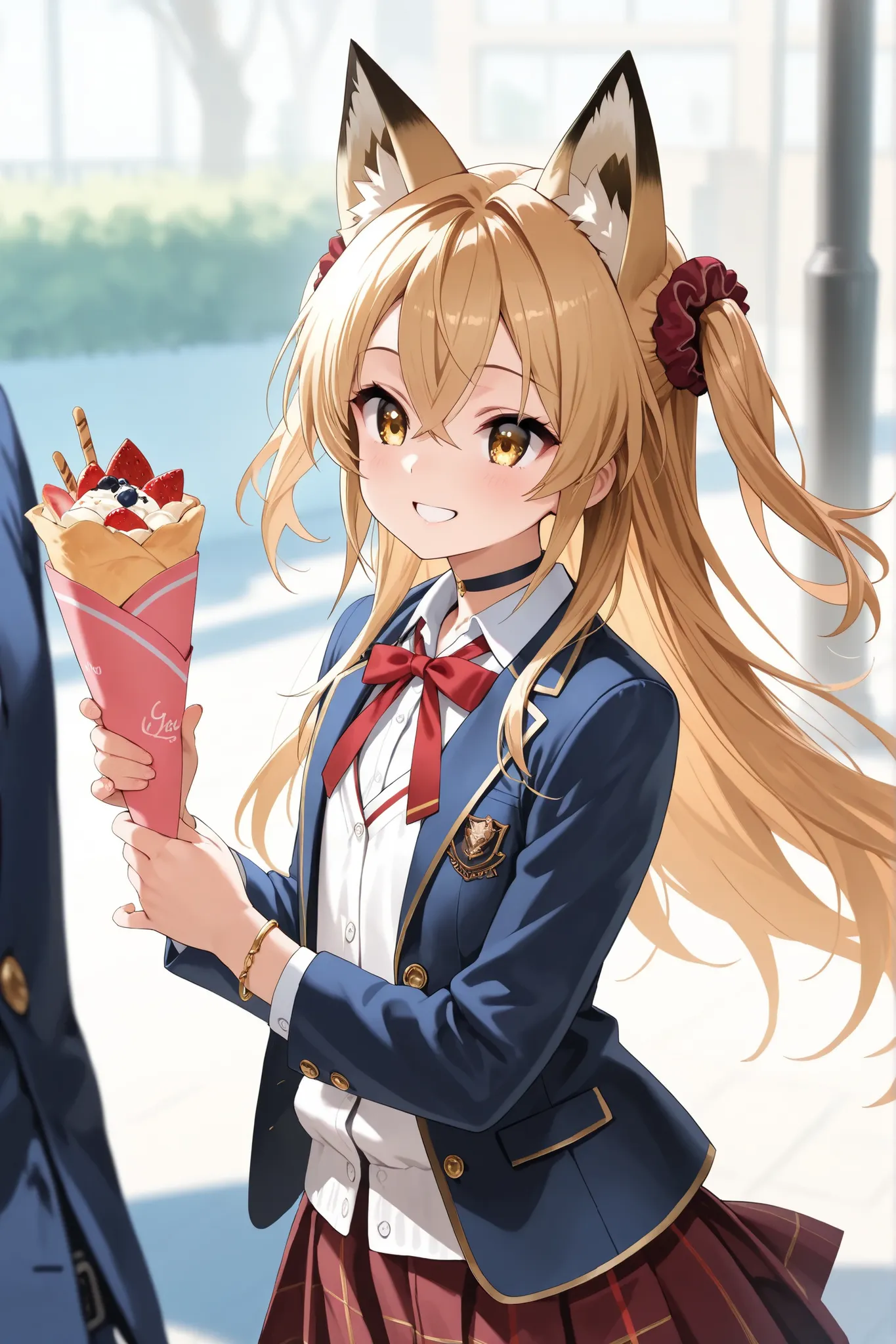 ultra-detailed,8K,illustration,CG,1 cute girl, (gold fox ears), (gold hair), long hair, crossed bangs, (two side up), gold eyes, hair scrunchie, choker, bracelet, flat chest, ribbon on chest, smiles, ,red ribbon,
,school uniform, jacket/blazer,crepe,happy...