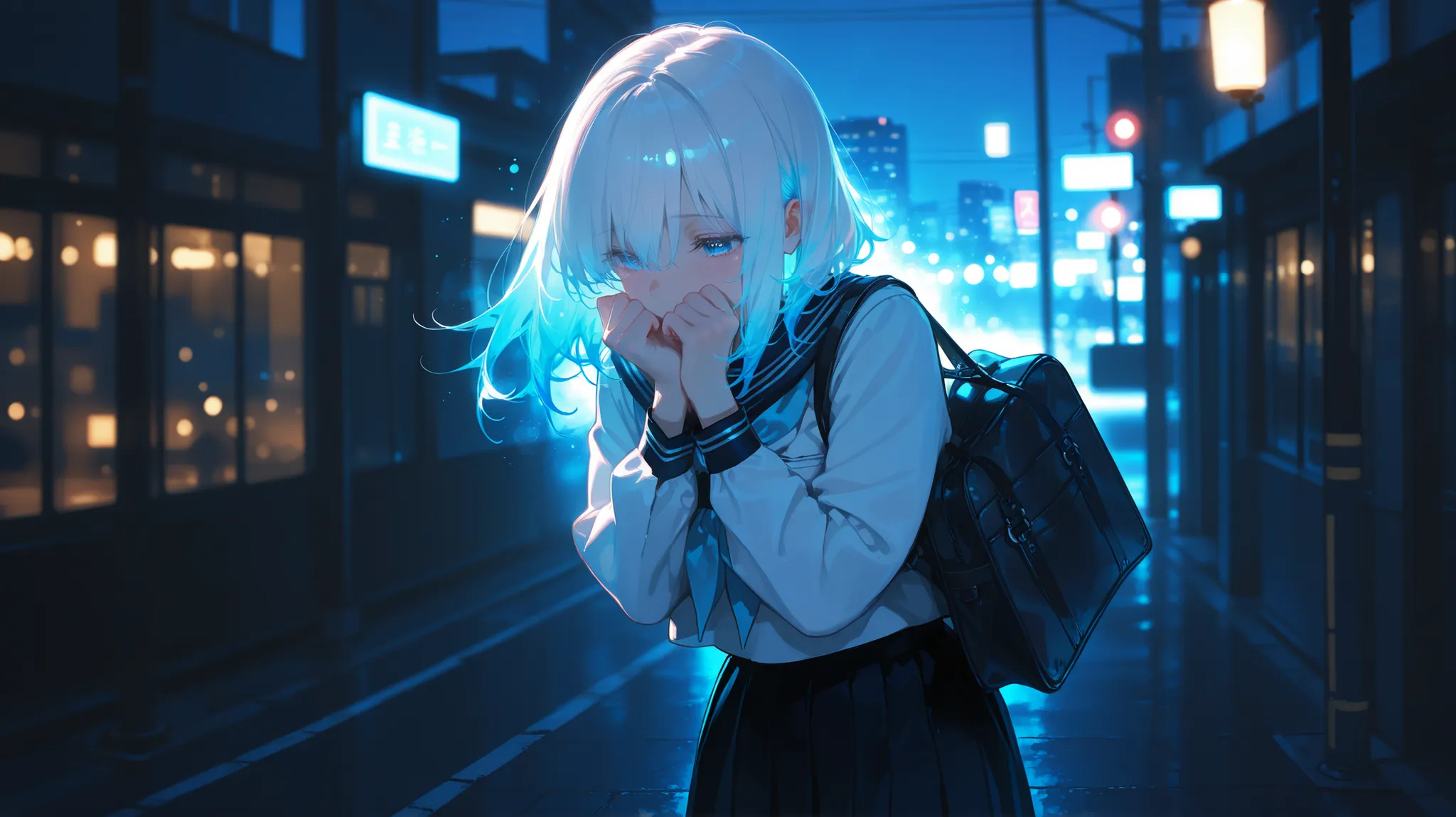 1girl, white hair, multicolor hair, school uniform, standing alone under dim streetlight, soft blue glow in her eyes, slightly hunched posture, melancholic expression, hands gripping her schoolbag tightly, night city background blurred, subtle motion in ha...