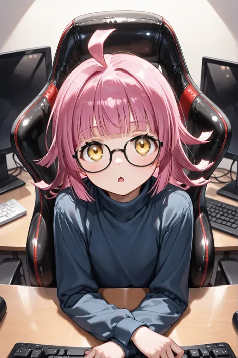 ((Masterpiece)),((best quality)),((incredibly absurdres)),((8K)),(semi realistic),
1 girl,solo,young,Tennoji Rina,yellow eyes,pink hair,stupid hair,blunt bangs,medium hair,blunt ends,flat chest,baby face,()
(black eyewear),(navy blue turtleneck shirt),blac...