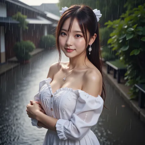 (Highest_Quality, masterpiece:1.2), (highly detailed), (超高Resolution, high_Resolution, highres), Japanese Top Idol Girl, Ultra Clear Focus, rainでずぶ濡れのウェディングドレスの美しい女性, (cute:1.4), Shoulder Tilt, Off Shoulder Dress, embroidery, Chest, Big breasts, ponytail h...
