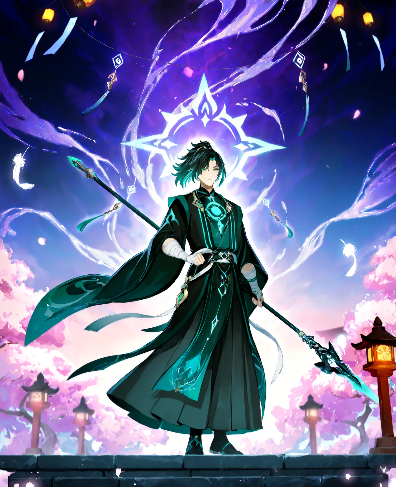 A tall, ethereal anime male with flowing, multicolored hair—silver base with streaks of teal, indigo, and pale violet—styled in a high half-ponytail. His mint-green eyes glow softly with swirling wind patterns. He wears a ceremonial, monk-like battle robe:...