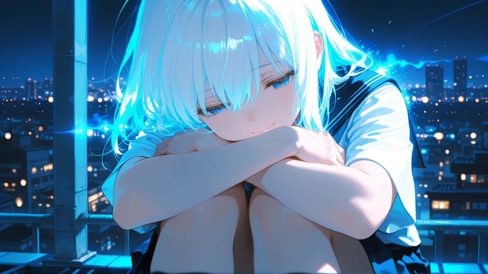 1girl, white hair, multicolor hair, school uniform, sitting quietly on a rooftop at twilight, knees hugged close, faint smile with hopeful eyes, hair softly swaying in the breeze, distant city lights in blur, blue glow lingering in the air, peaceful yet fr...