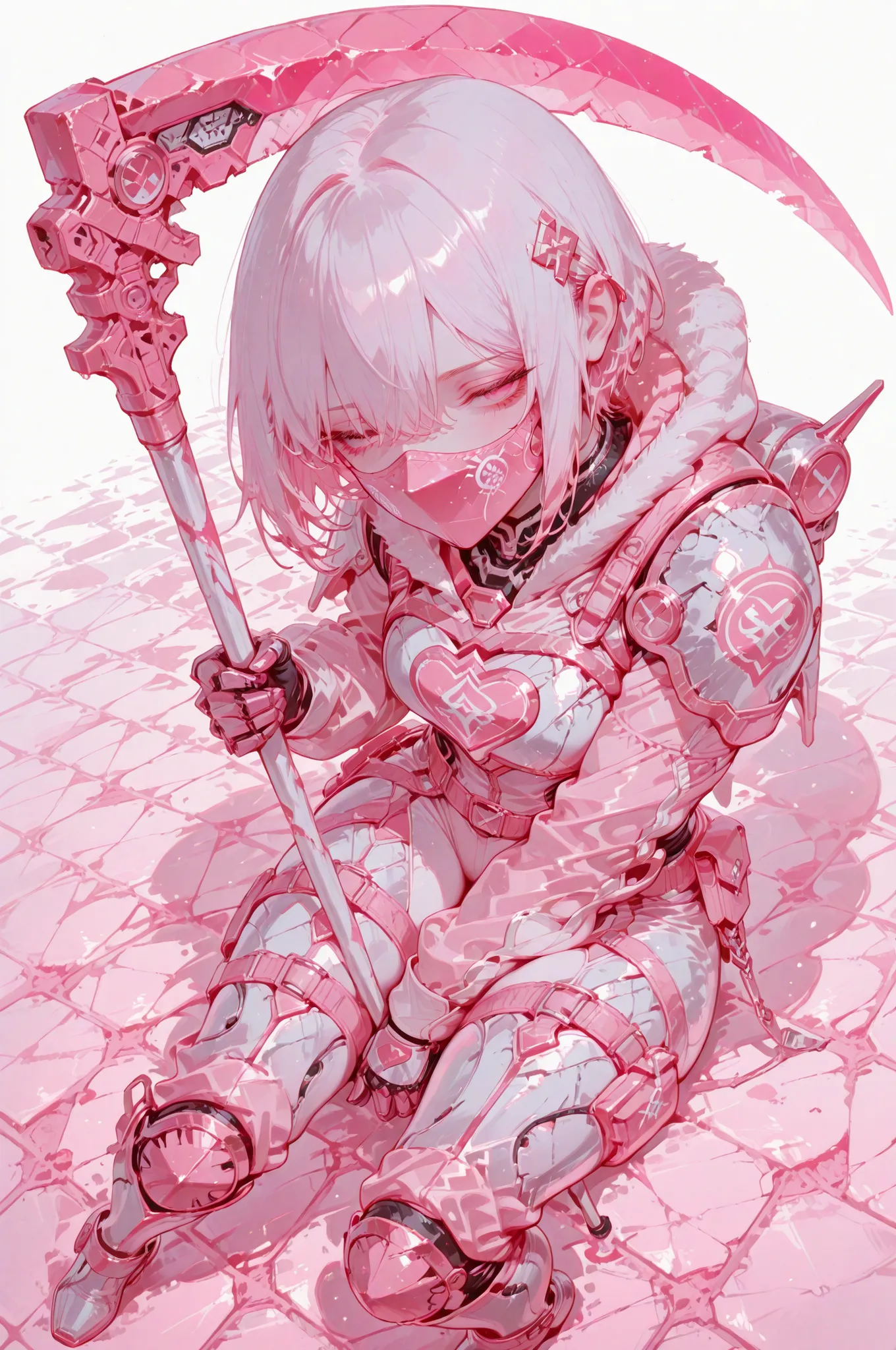 white pink themed metal armoured girl, white straight short hair, pink diamond face mask, mask cover whole face, mask covers eyes, cold stare, holding pink-white theme scythe, don't show eyes, show full body, sitting, from high angle, squinting eyes, girl ...