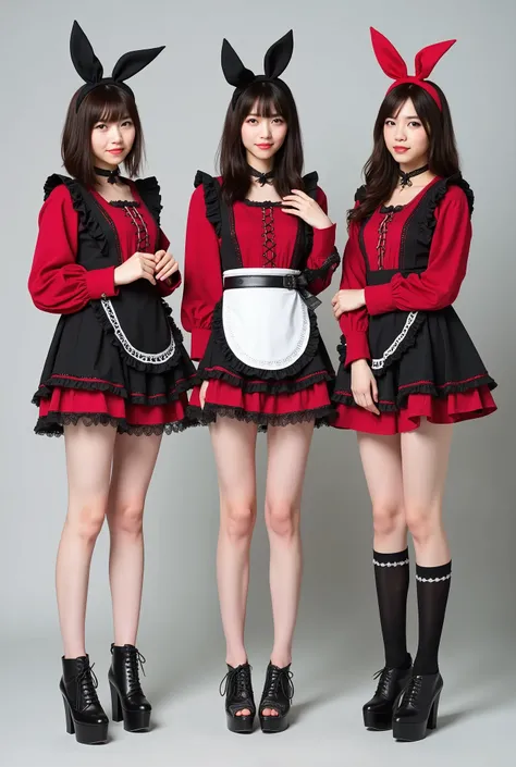 Create a realistic photograph featuring a full-body portrait of three beautiful Japanese female idols. They should have slender bodies, small busts, and thin legs, dressed in red and black gothic-style maid outfits with small apron designs on their skirts ...