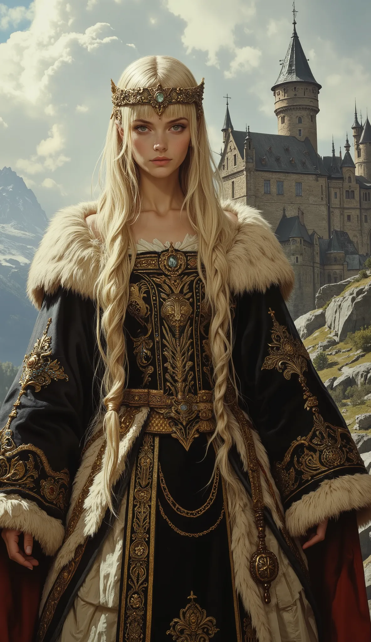 photo still from a 1970s fantasy epic film, a beautiful young Nordic woman as a Slavic princess, (long golden blonde hair with blunt bangs:1.2), (delicate porcelain skin:1.1), innocent yet determined eyes, petite and graceful physique. She wears an (exquis...