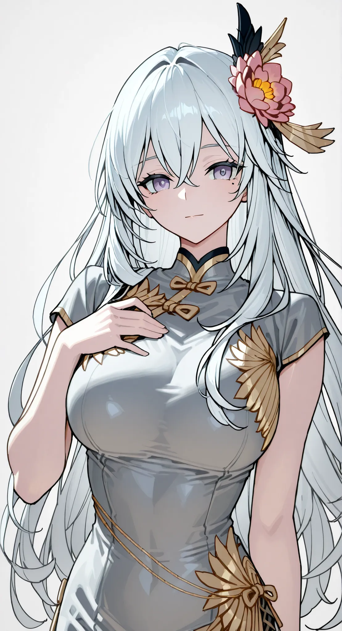 anime girl Picture of a woman with long white hair and a flower in her hair, gray hairの deity, Anime Goddess, gray hairの, gray hairの lady, gray hair, zodiac knight portrait girl, Haise Jinyao, Genshin、Keking, White fox,  Full Body Senxia , Female Anime Cha...