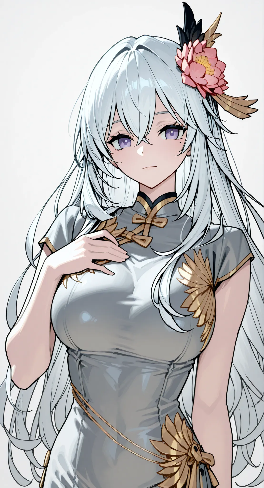 anime girl Picture of a woman with long white hair and a flower in her hair, gray hairの deity, Anime Goddess, gray hairの, gray hairの lady, gray hair, zodiac knight portrait girl, Haise Jinyao, Genshin、Keking, White fox,  Full Body Senxia , Female Anime Cha...