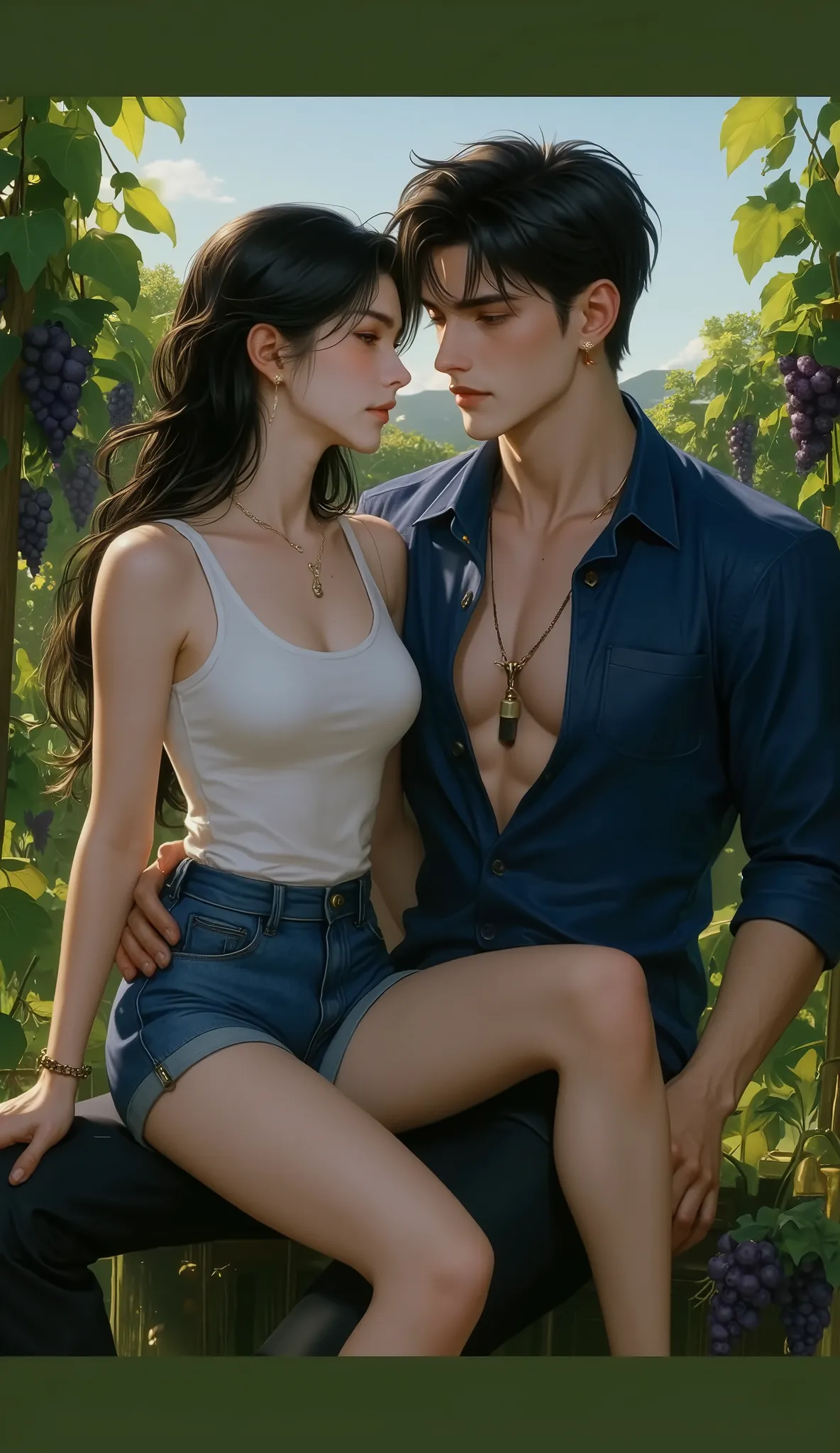 The background is trees and mountains. ,A young woman wearing a white tank top,jeans shorts, Cool young man,Wear a gardener's outfit