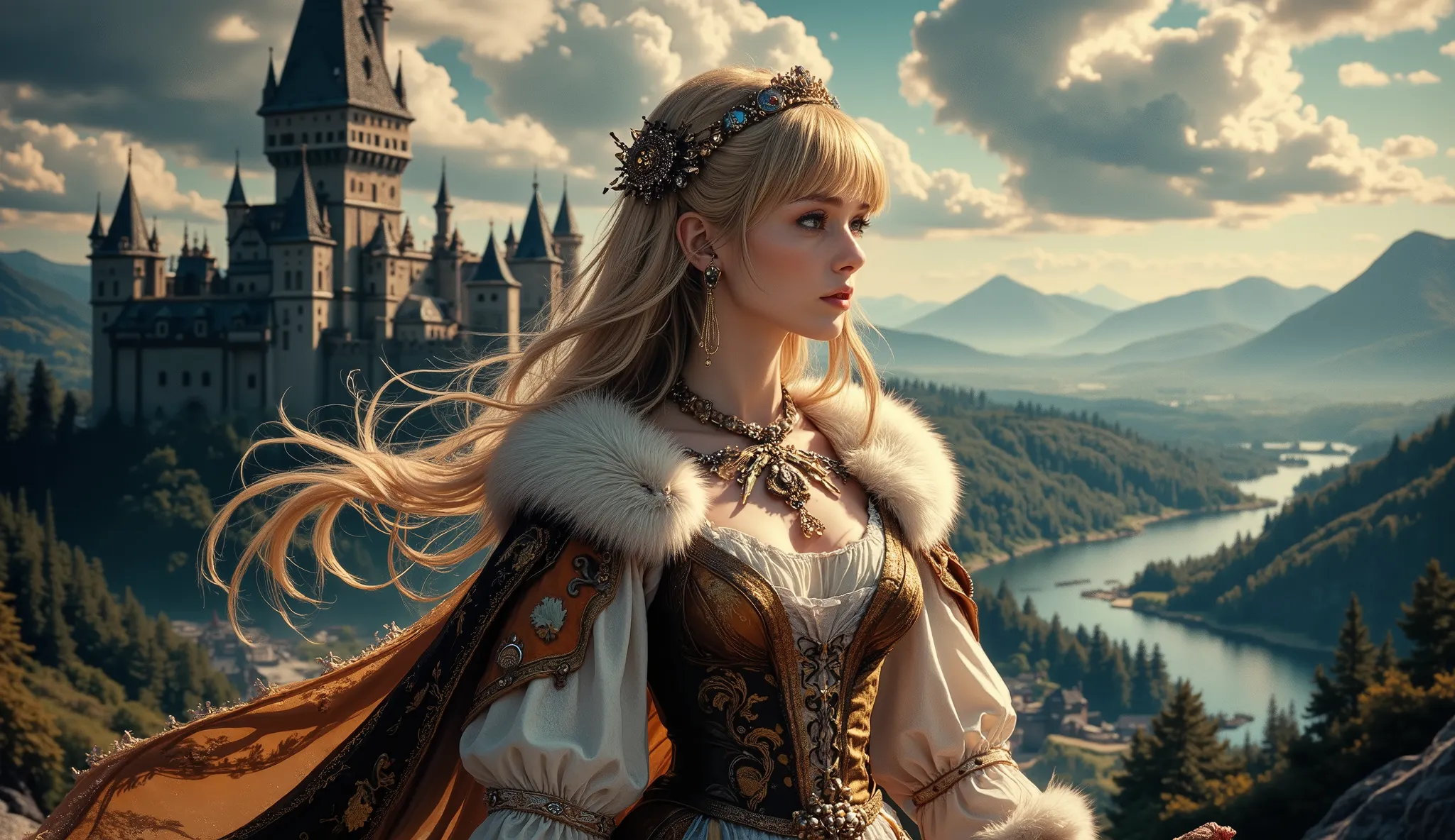 photo still from a 1970s fantasy epic film, a beautiful young Nordic woman as a Slavic princess, (long golden blonde hair with blunt bangs:1.2), (delicate porcelain skin:1.1), innocent yet determined eyes, petite and graceful physique. She wears an (exquis...