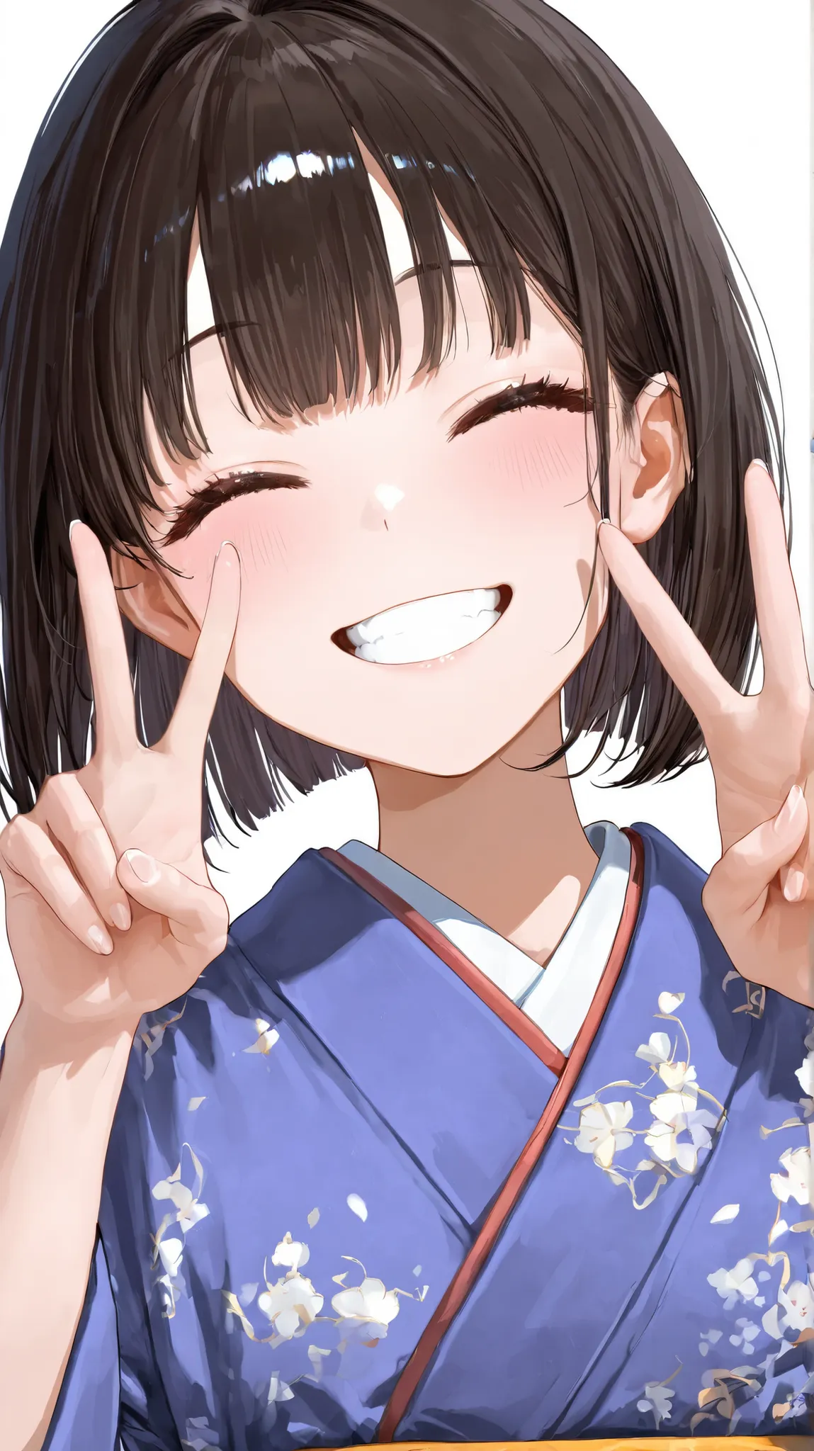 High Definition、Delicate Details、4K image quality、simple background、Kimono、Smiling、peace sign、white teeth、close eyes、Straight bob