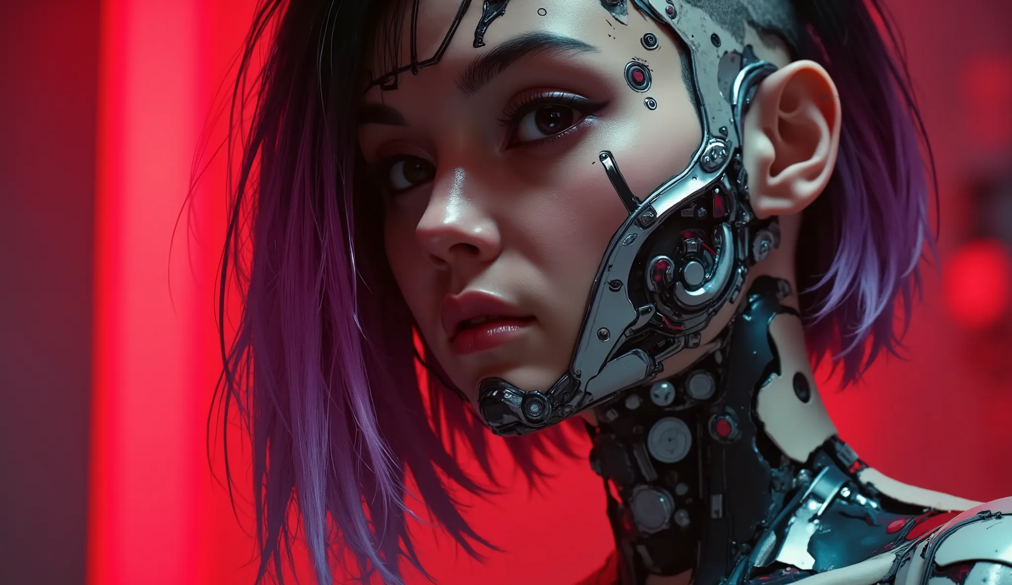 cyberpunk metal gear android girl with cybernetic displays and implants,cool fitting clothes, japan style, high detail, graphitte background, red aura, moodyinnovation. aidmaMJ6.1rapid 8K Canon EOS Rebel SL2, EF100mm, f/2.8L, Macro IS USM ƒ/2.8, 100.0 ...