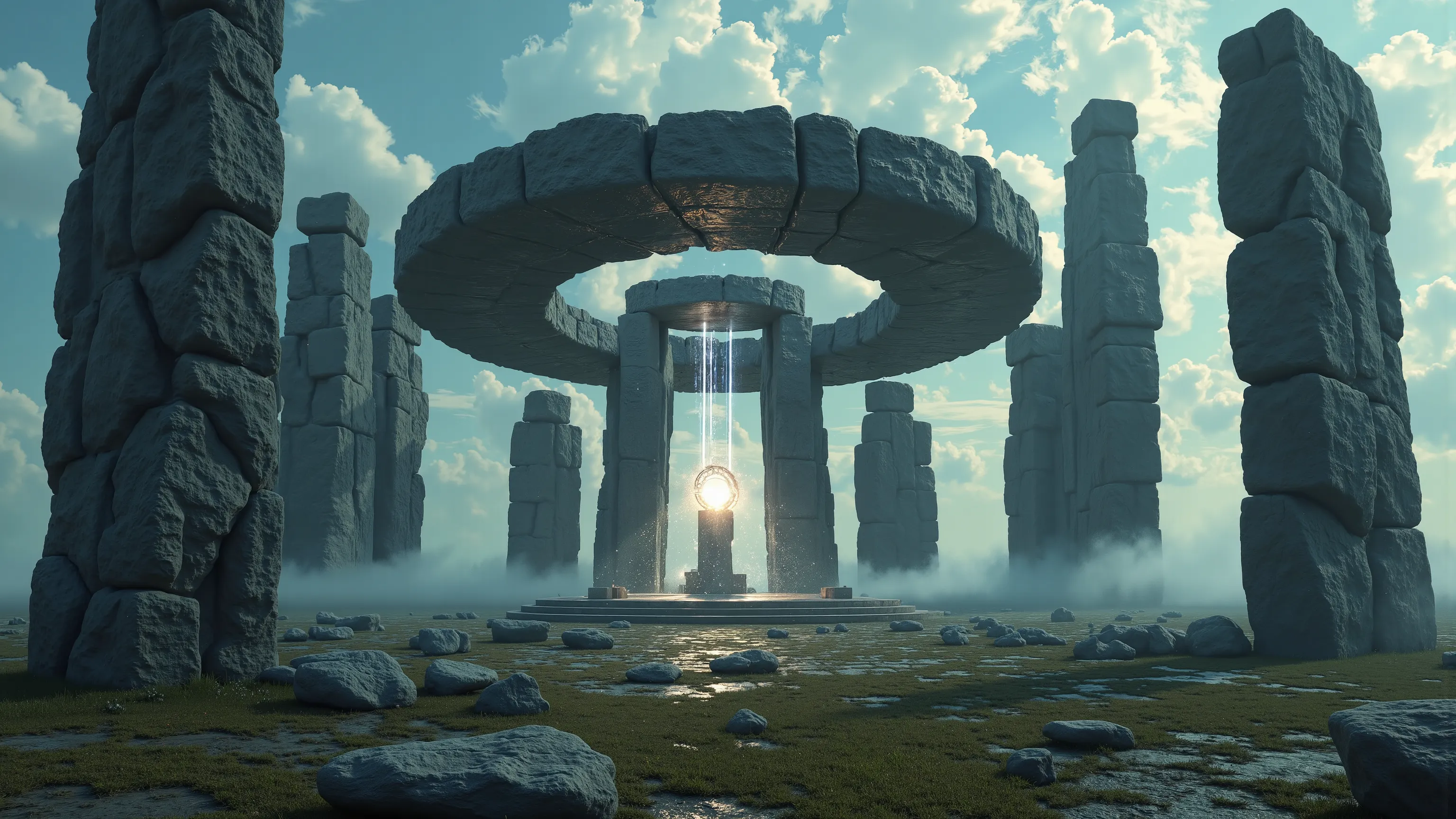 Stonehenge-like circle of obsidian blocks floating freely in the sky, stones not connected to anything, three concentric rings, swirling energies, Stonehenge, trilithons, glowing portal over central altar, alien build stone structure, looking up, view from...