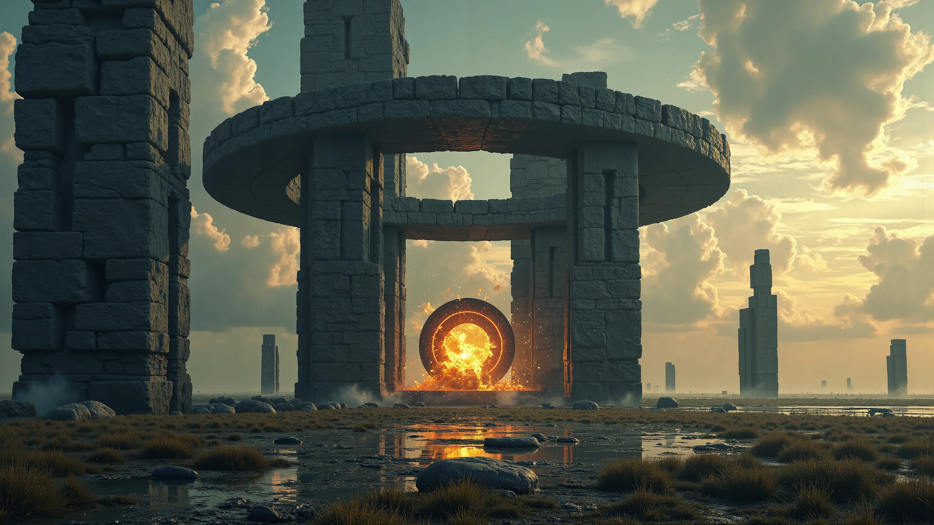 Stonehenge-like circle of obsidian blocks floating freely in the sky, stones not connected to anything, three concentric rings, swirling energies, Stonehenge, trilithons, glowing portal over central altar, alien build stone structure, looking up, view from...